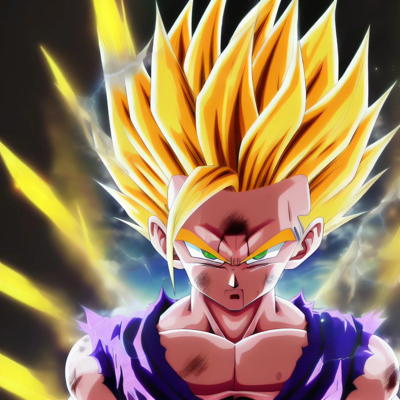 A Gohan Super Sajan 2 , digital art, master piece, scratches, head,anatomically correct, (((8k resolution))) , super sayan two hair, Inspirate by Son Gohan Super Sayan 2 by Dragon Ball Z, 1 character , a lock of bangs.