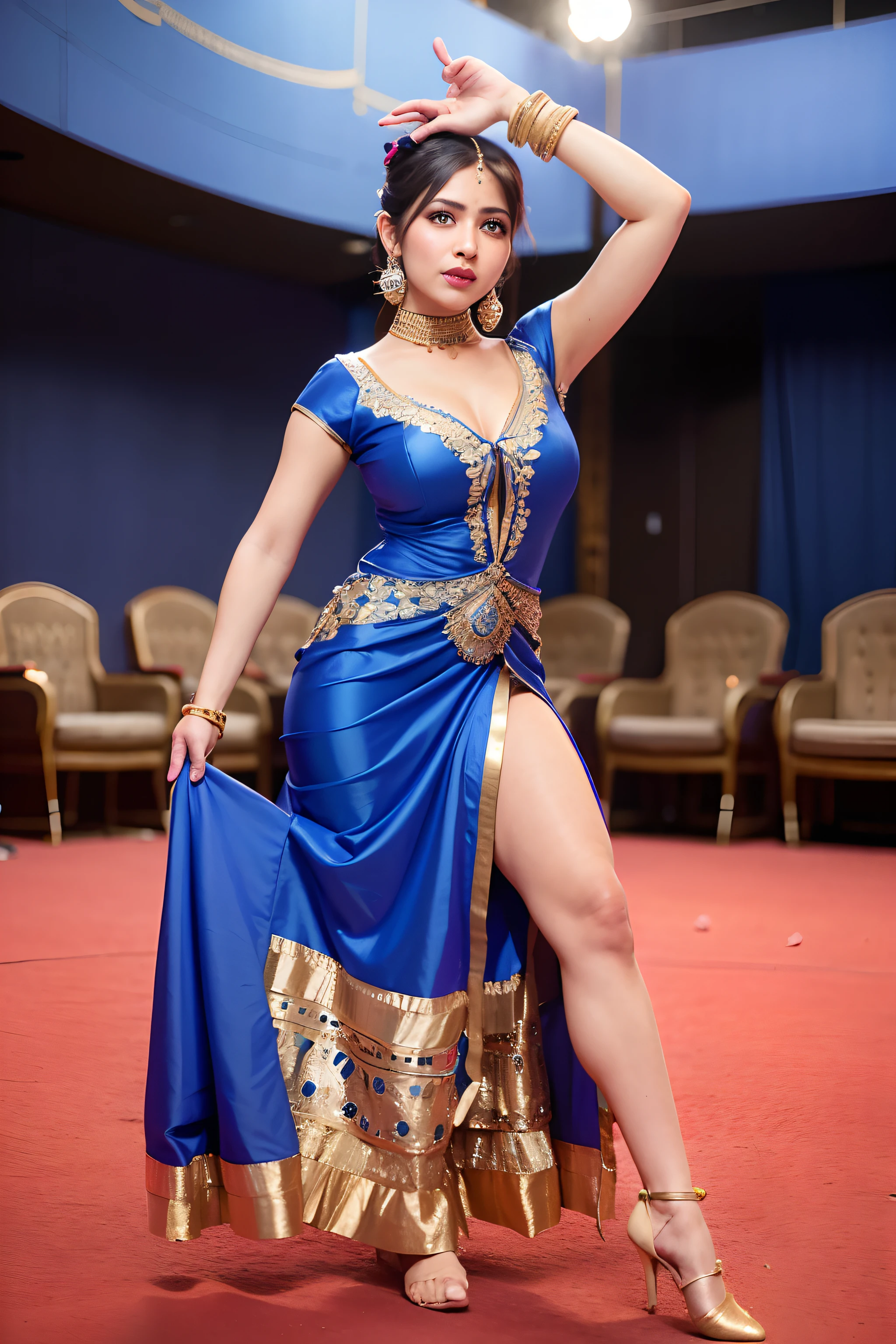 a woman is posing for a photo,(wearing indian_dance_dress:1.3), blue dress, 
good hand,4k, high-res, masterpiece, best quality, head:1.3,((Hasselblad photography)), finely detailed skin, sharp focus, (cinematic lighting), collarbone, night, soft lighting, dynamic angle, [:(detailed face:1.2):0.2],(((exhibition inside theater))),