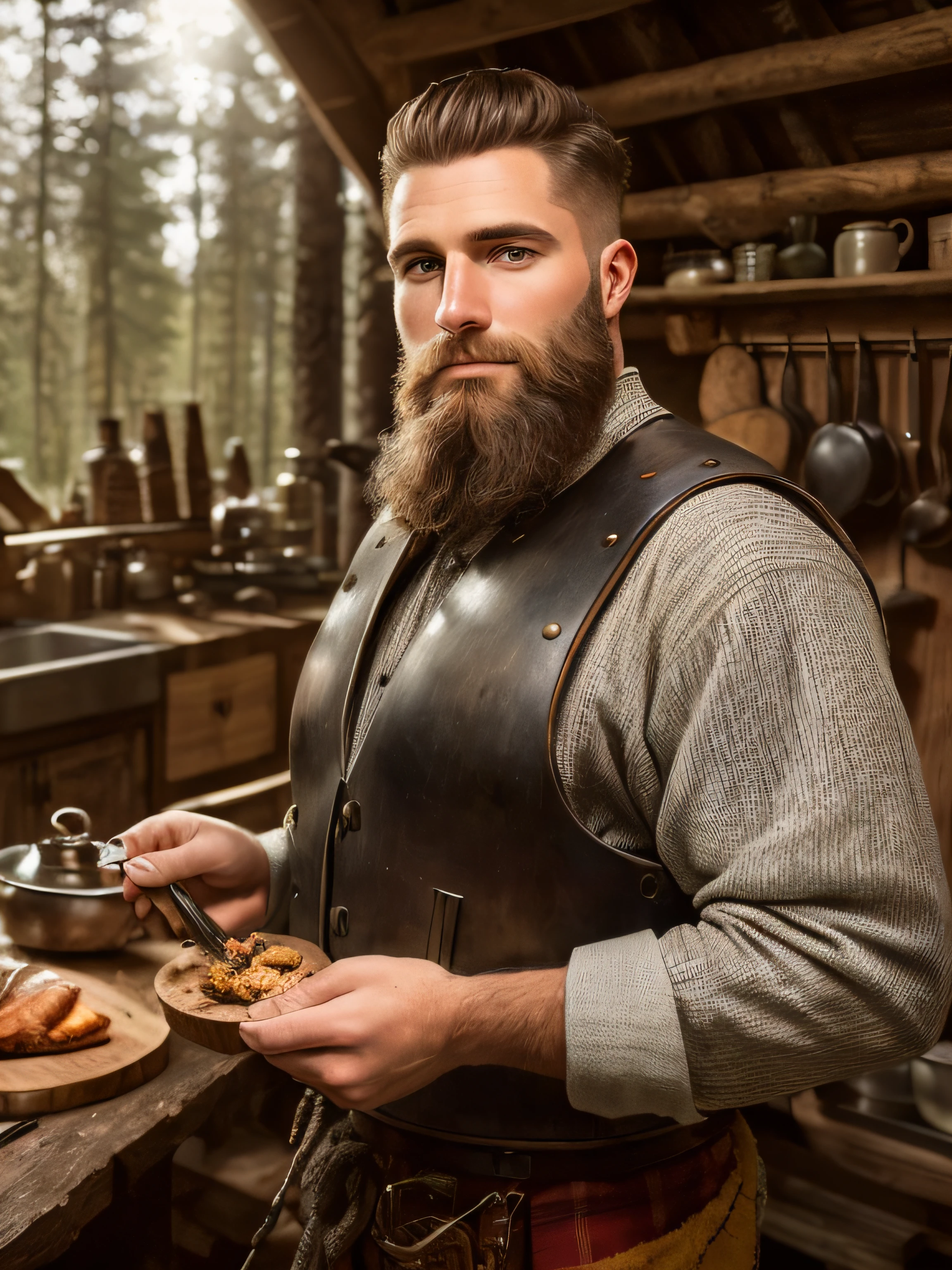 Attractive and elegant man, wearing lumberjack clothes but with the sample breastplate, photo in high quality, raw, in a detailed hut in the forest, with objects of a woodcutter behind and objects related to a kitchen prepared for breakfast. Gorgeous man with short hair shaved in machine 3, well done beard.