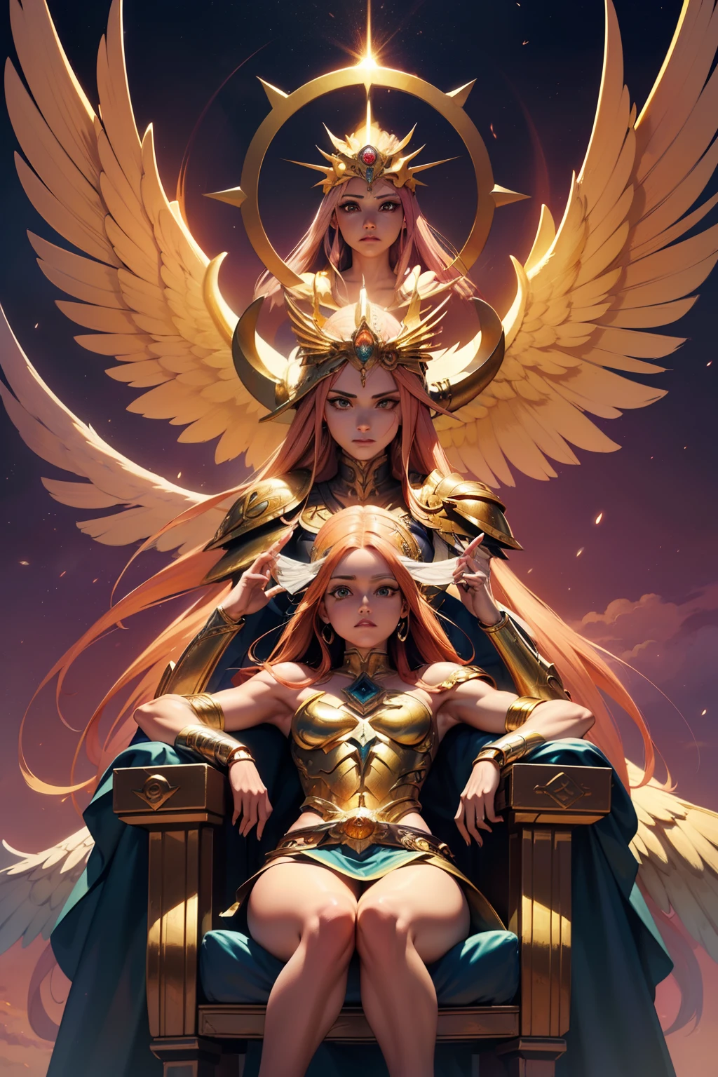 ((melhor qualidade)), ((obra-prima)), (altamente detalhado:1.3) A reimagined version of Angewomon (Digimon) com pele bronzeada, e cabelos crespos, com mais asas, and a helmet inspired by thrones of biblical angels Thrones, multiply eyes, eldritch angel