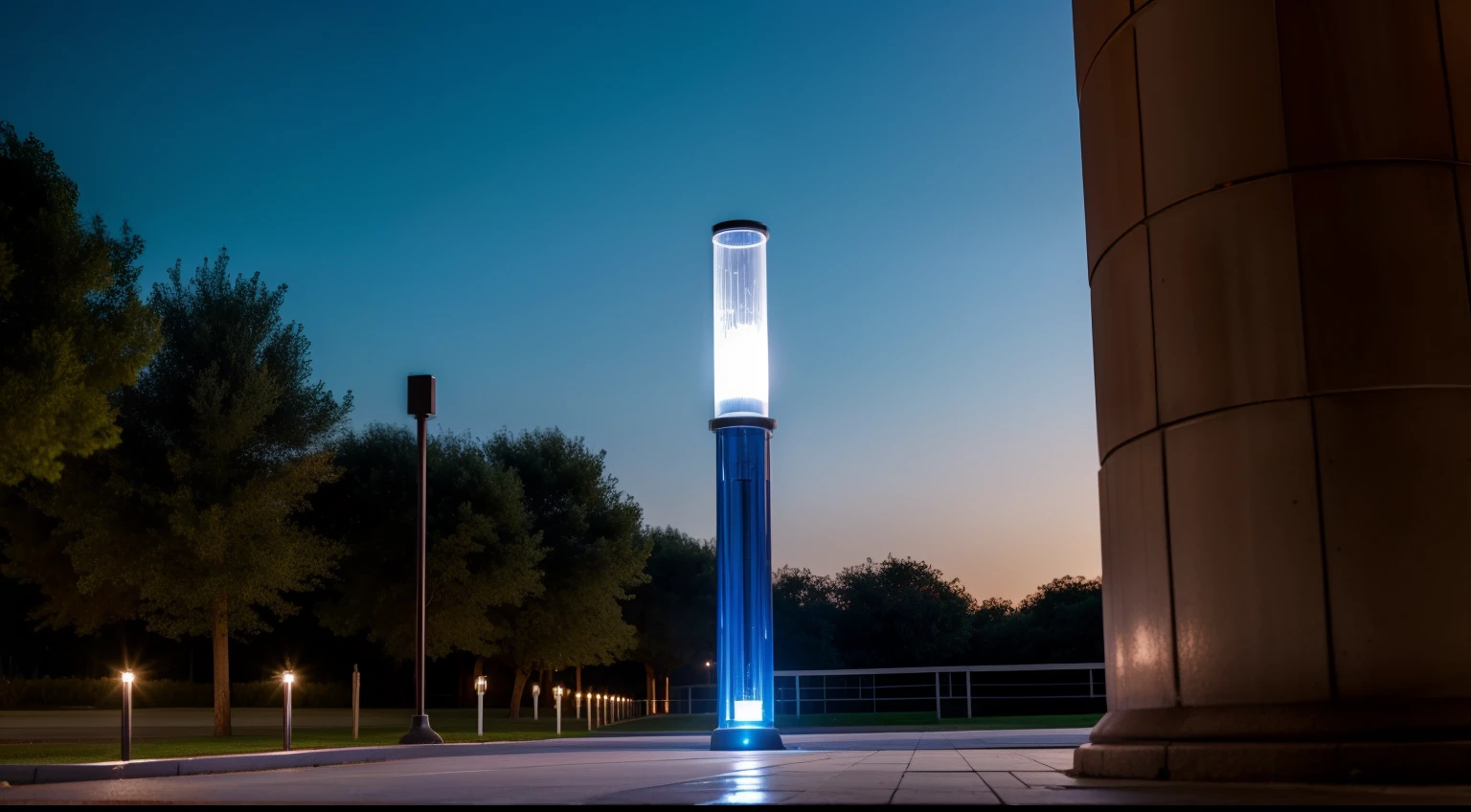 An iron pillar with a glass cylinder at the top emits blue light is located on a military base