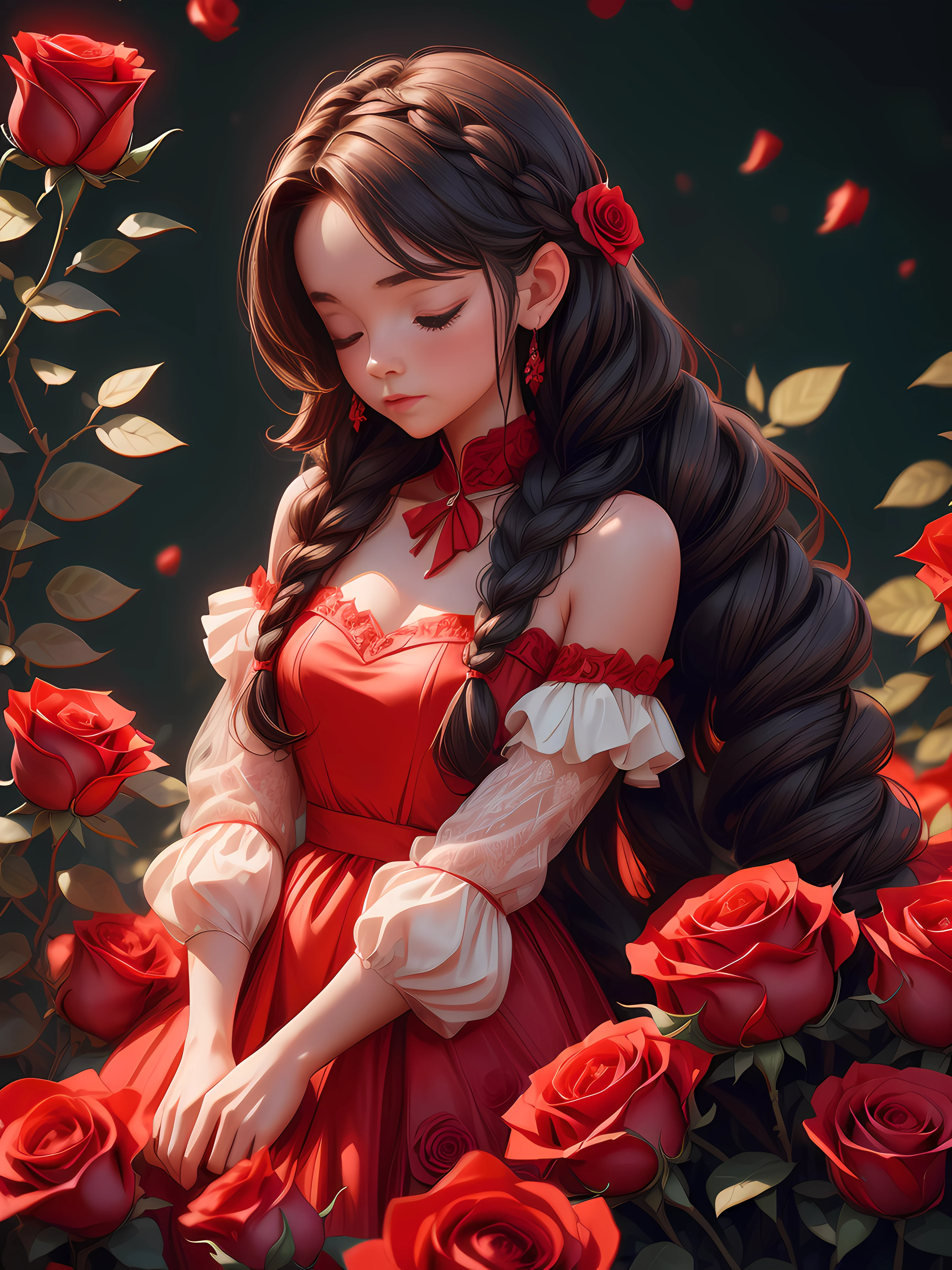 ((girl sleeping on red roses)), wearing over long dress, red dress, curly black long hair, the two braids over long hair, 8k, RAW photo, best quality, masterpiece, high detail RAW color photo, dramatic lighting, cinematic lighting, professional lighting,