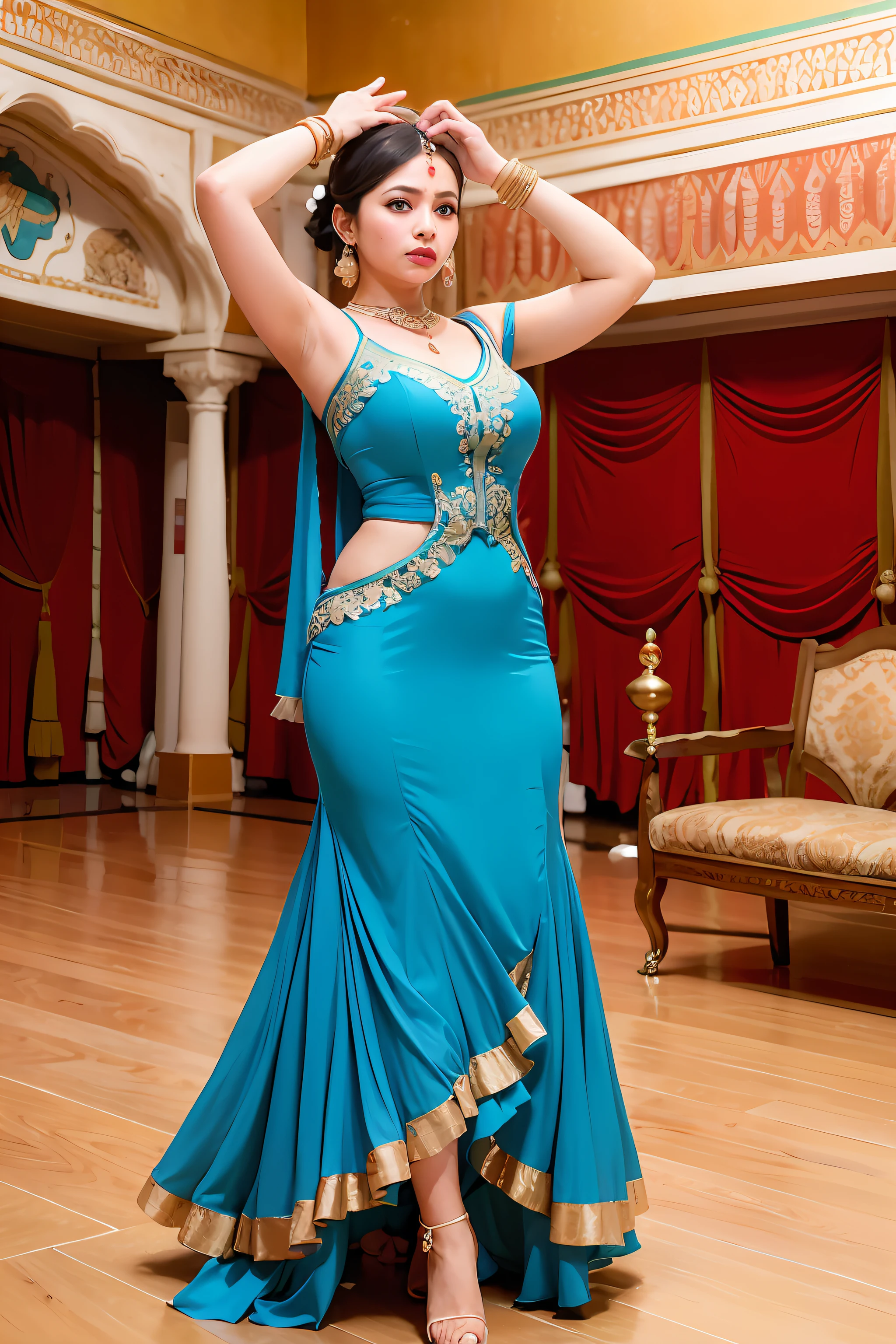 a woman is posing for a photo,(wearing indian_dance_dress:1.3), blue dress, 
good hand,4k, high-res, masterpiece, best quality, head:1.3,((Hasselblad photography)), finely detailed skin, sharp focus, (cinematic lighting), collarbone, night, soft lighting, dynamic angle, [:(detailed face:1.2):0.2],(((exhibition inside theater))),