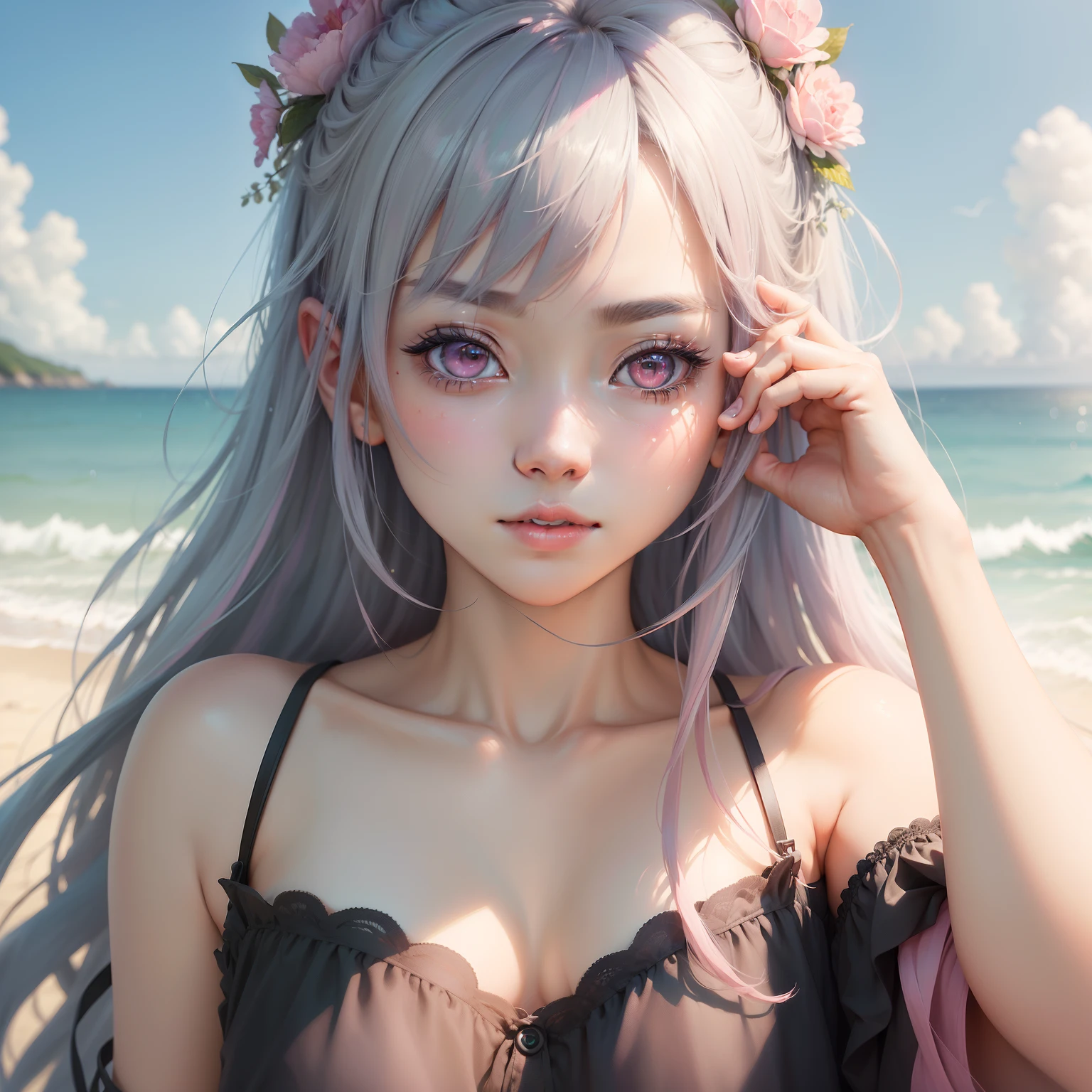 (masterpiece、top-quality、beautiful a girl、Clean face:1.5)、(greyish pink hair:1.4)、(The upper part of the body、bangss:1.2)、small waist、(Simple background:1.4)、the beach、(horizon、beautiful ocean、Skysky、A clear day:1.2)、The bikini、face lights、8K、Official Art、Raw foto、Incredibly absurd、depth of fields、Look at viewers、A hyper-realistic、hight resolution、a picture、film grains、chromatic abberation、foco nítido、Bokeh background、 Dynamic lighting、highestdetailed、Extreme Details、ultra-detailliert、detaile、Highly detailed eyes and face Mio Imada