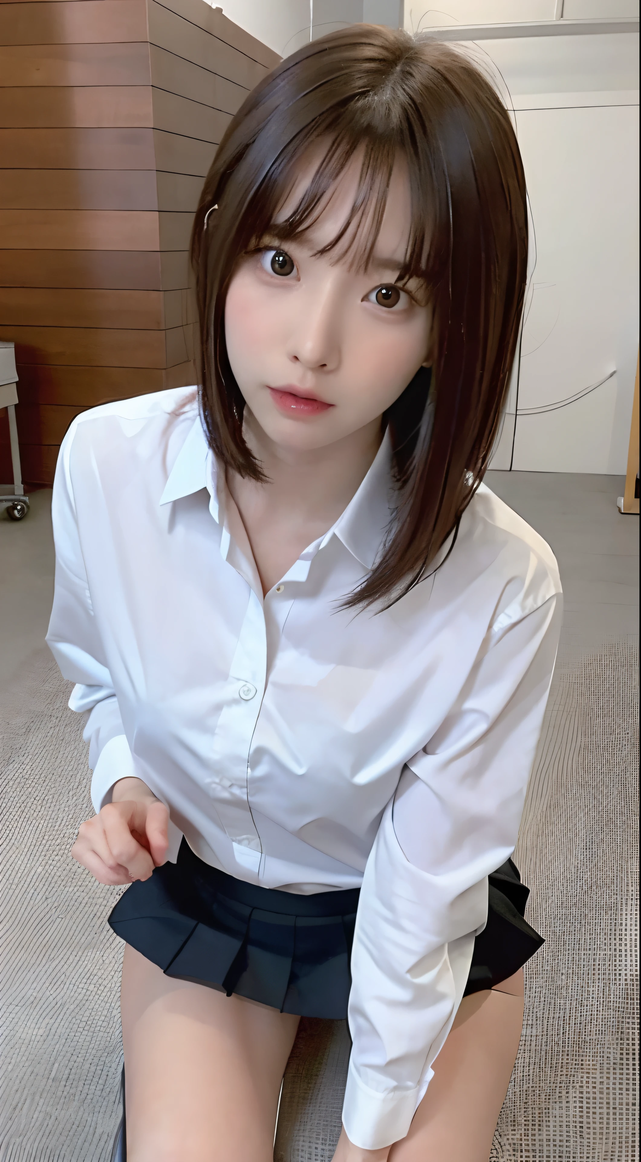 Top Quality, Photorealistic, 8K, High Definition, 1 Girl, Female, (1.8), School, Schoolgirl, Blazer, Uniform, Pubic hair visible, No panties, Skirt boldly pulled up, ((Sit in chair and legs wide open)), Bend your knees and open your legs, Slightly shorter hairstyle, Grab your knees with your hands to open your legs, Buttoned shirt flutters
