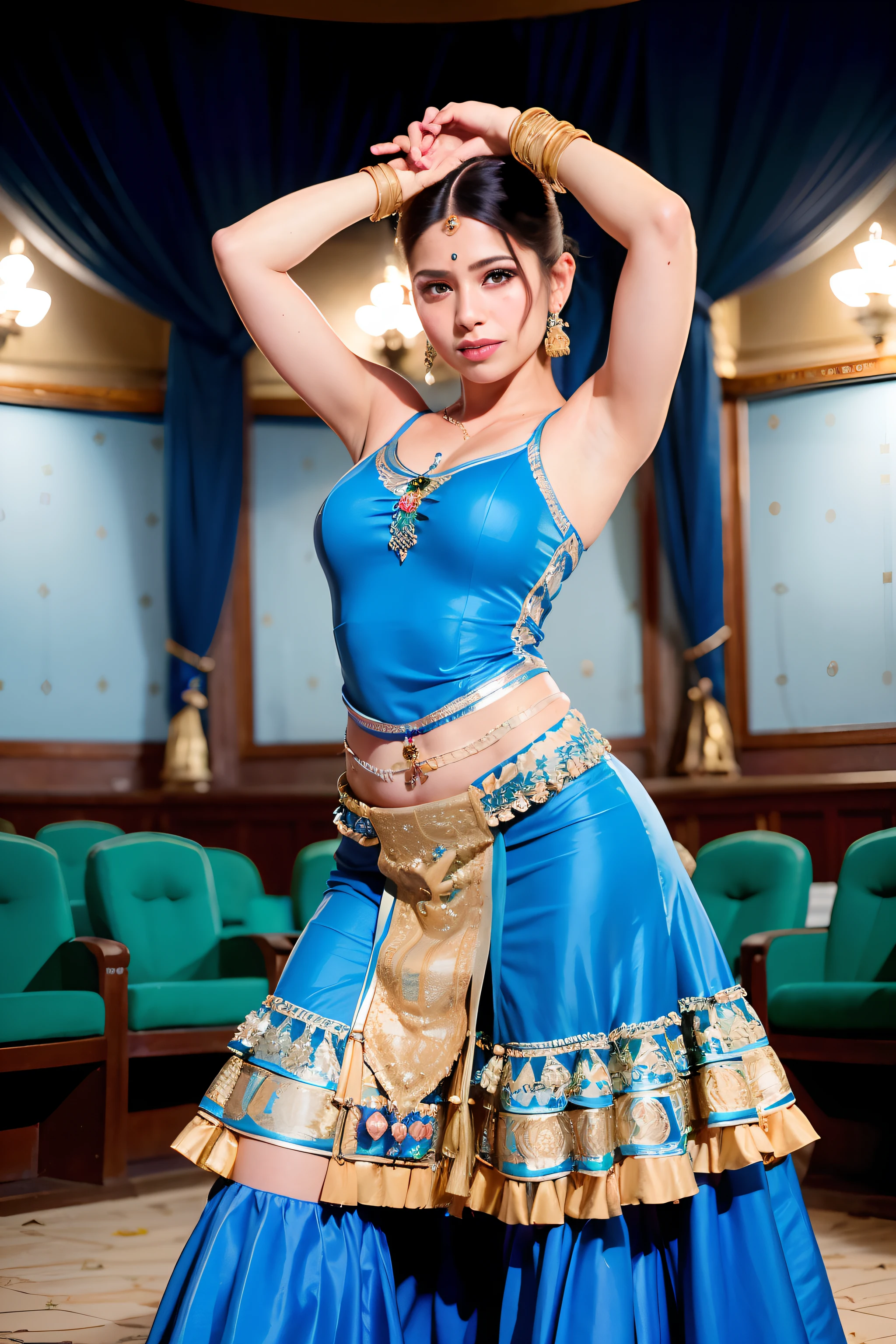 a woman is posing for a photo,(wearing indian_dance_dress:1.3), blue dress, 
good hand,4k, high-res, masterpiece, best quality, head:1.3,((Hasselblad photography)), finely detailed skin, sharp focus, (cinematic lighting), collarbone, night, soft lighting, dynamic angle, [:(detailed face:1.2):0.2],(((exhibition inside theater))),