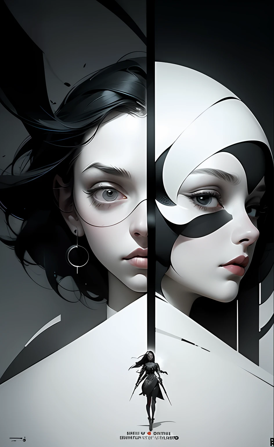 masterpiece, best quality, illustration, 2girl, two girls in parallel universe,dark fantasy movie poster, Bauhaus, shapes, lines, abstract