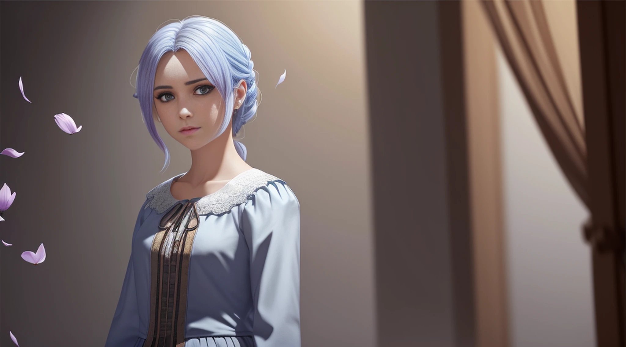 A female vampire (peitos pequenos, cabelos azul-escuros), obra-prima, melhor qualidade, (papel de parede CG unity 8k extremamente detalhado), (melhor qualidade), (best illustration), (melhor sombra), Absurdo, lifelike lighting, (abismo), lindo brilho detalhado, pose natural, de corpo inteiro, standingn, petals falling, interior, Fanning, lanterna, 16k, HDR, Altas, campo de profundidade, (grain of film: 1.1), Livro, hora dourada, (Reflexo da lente), vinheta, rainbowart, (color classification: 1.5)