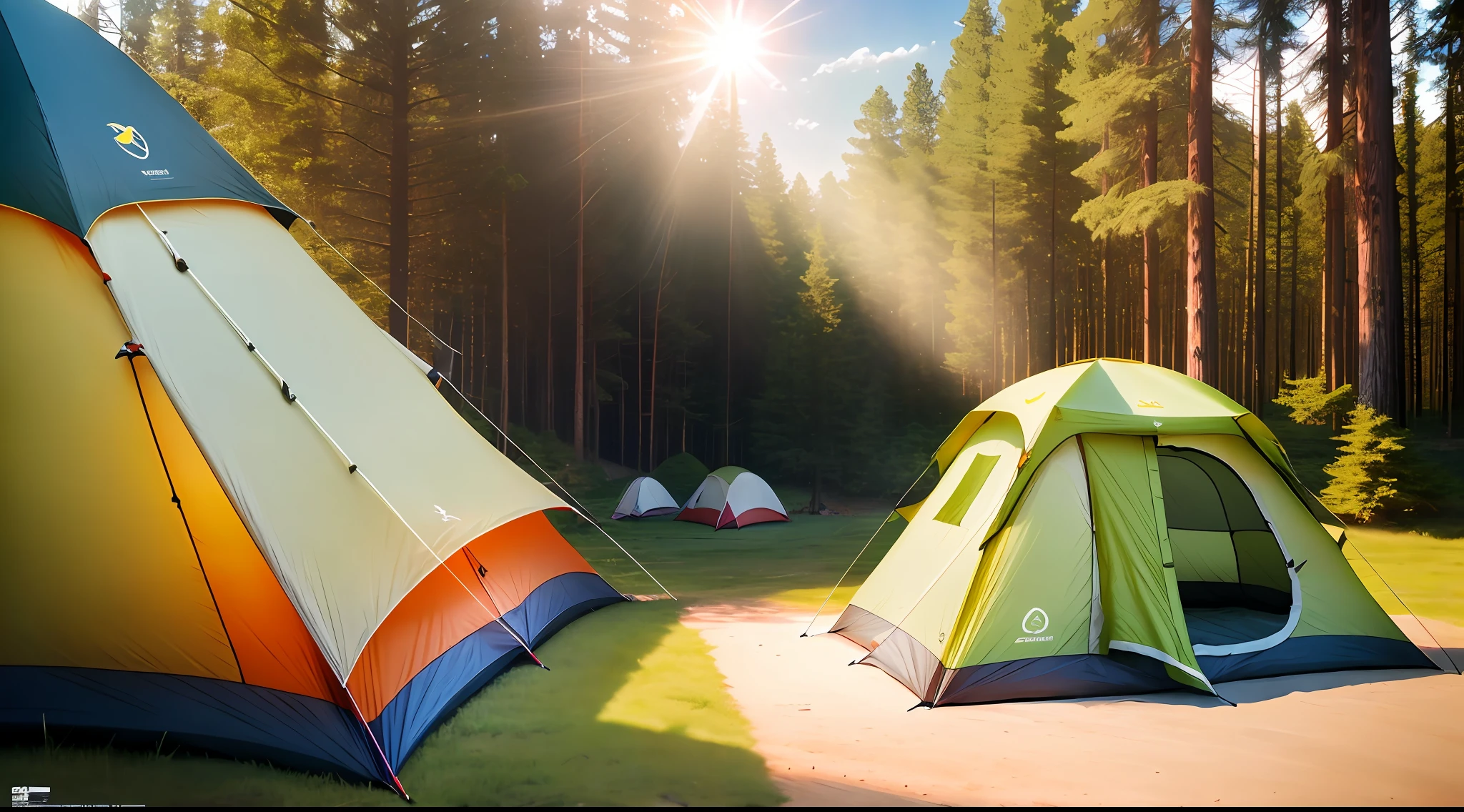 camping in the heat, sun rays , photography, natural-light, high detail, hyper quality, high resolution, hyperrealism, surrealism, HD, 8K, 16K, unreal, bird's-eye, large-format, aerial