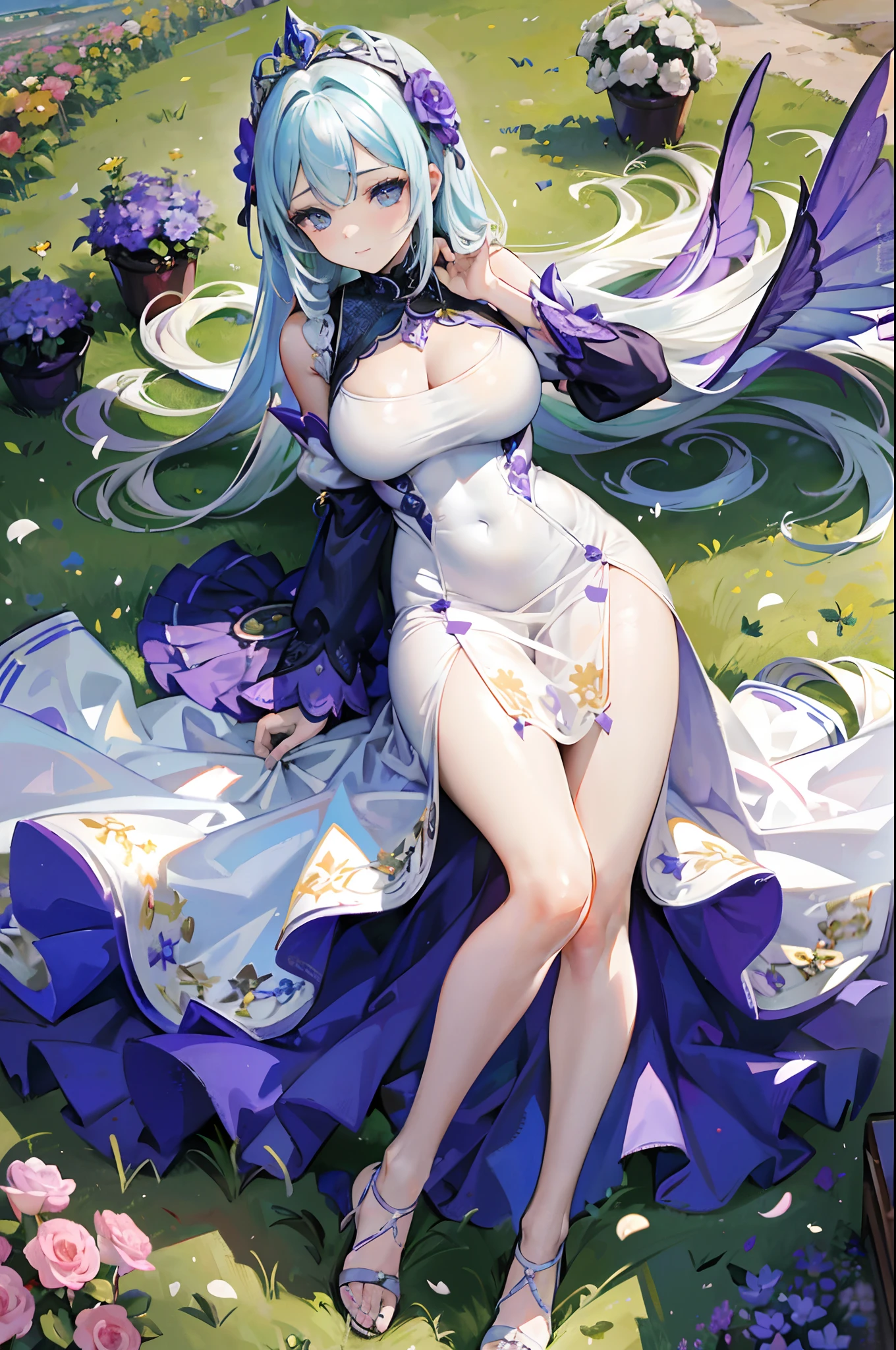 Una hermosa mujer en un campo de hermosas flores silvestres, con un elegante vestido de dos piezas, luciendo un peinado moderno y muy favorecedor. This is a spectacular aerial view of drones but up close. Taken with a professional camera. ((La mejor calidad)) ((senos gigantescos masivos))