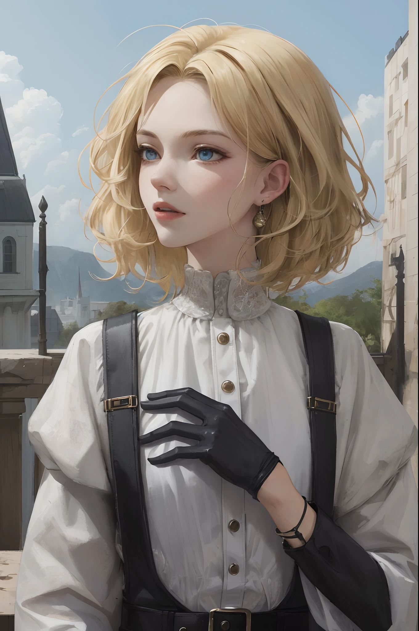 Need,tmasterpiece,blond hairbl,Blue eyes,Manteau blanc,Overlooking,The upper part of the body,Hairline,Fair skin,Pilgrim，Kizi，Black gloves，Solitude