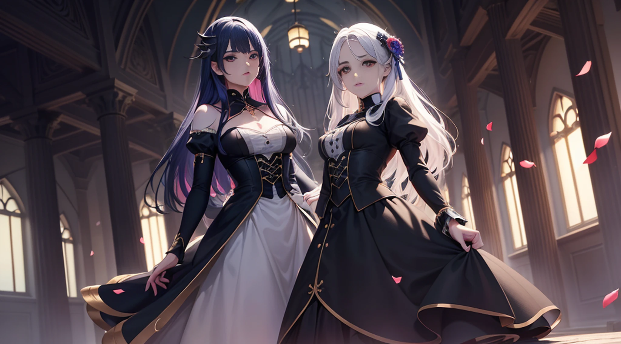 A female vampire (peitos pequenos, cabelos azul-escuros), obra-prima, melhor qualidade, (papel de parede CG unity 8k extremamente detalhado), (melhor qualidade), (best illustration), (melhor sombra), Absurdo, lifelike lighting, (abismo), lindo brilho detalhado, pose natural, de corpo inteiro, standingn, petals falling, interior, Fanning, lanterna, 16k, HDR, Altas, campo de profundidade, (grain of film: 1.1), Livro, hora dourada, (Reflexo da lente), vinheta, rainbowart, (color classification: 1.5)