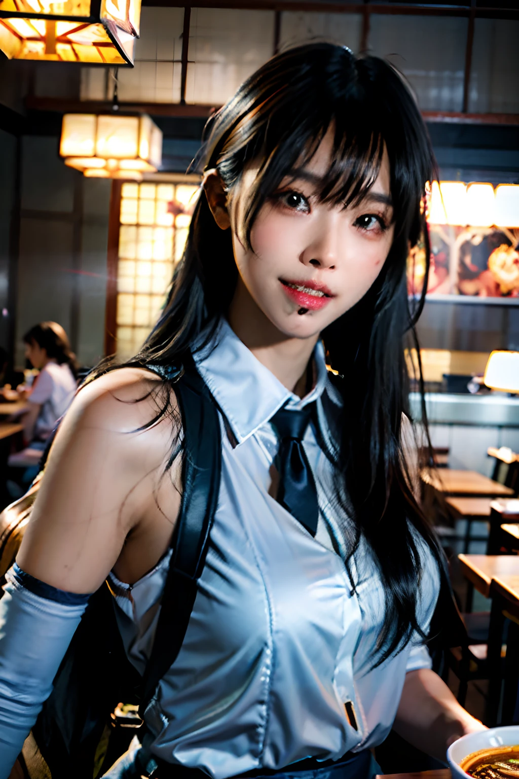 (masterpiece), best quality, ultra high res, close up, slim body, 1girl,school uniform, long hair, laughing, ramen, night, Tokyo restaurant background, colorful lights, photon mapping, radiosity, physically-based rendering, cinematic lighting, intricate, High Detail, Sharp focus, dramatic, photorealistic