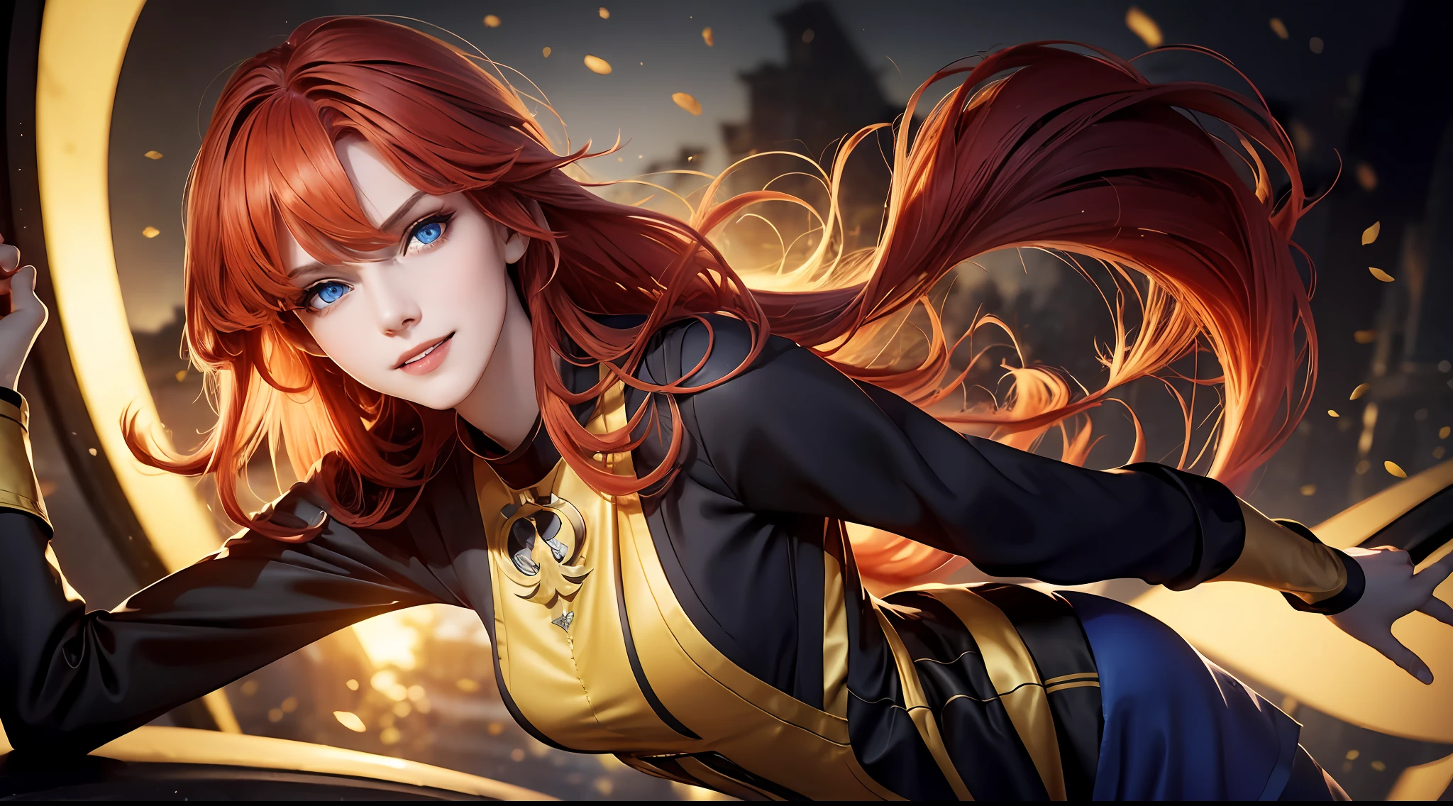 Best image quality and 16K high resolution,A female character in the azure style,The details are beautifully described,She has stunning blue eyes,Smile Expression,Red hair,Skin detail depiction,Smooth and slender skin,Surrealist illustration,Yellow shirt and combat trousers,Handheld in black metallic wrapped,detail depiction,3Drenderingof