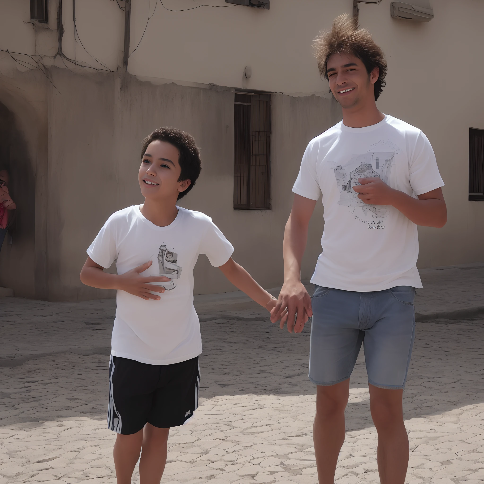 "A vivid and authentic scene captures the essence of life on the streets of Brazil, onde um pai e seu filho compartilham um momento precioso jogando bola juntos. The cobblestone street, desgastada pelo tempo e marcada por brincadeiras passadas, extends to the front. The late afternoon sun casts a soft, golden light on the scene, criando sombras alongadas que se misturam com os tons quentes das fachadas das casas ao redor.

O pai, vestindo uma camisa simples de manga curta, exibe com orgulho as cores de seu time de futebol local. His face expresses a mixture of concentration and joy as he gives a skillful touch to the ball with the inside of his foot. Seus olhos brilham de entusiasmo, and a proud smile forms on his lips, revealing the genuine pleasure of sharing this moment with your child.

O filho, um retrato da juventude e energia, wears a T-shirt similar to his father's, showing your connection to sport and family. His messy hair dances in the wind as he launches himself toward the ball, with his eyes fixed on her and an expression of determination concentrated on his face.

A bola, desgastada pelo uso constante, It has marks of previous stories and an air of authenticity. It rolls down the jagged cobblestone street, and the raised dust adds a touch of movement to the scene. O som suave das risadas e o eco do impacto da bola preenchem o ar, mixing with the distant melody of a samba playing on a nearby radio.

Ao fundo, Colorful buildings and artistic murals beautify the neighborhood, giving a sense of place and culture to the scenery. The atmosphere is full of human warmth and connection, encapsulating the simple joy of a father and son coming together through football and creating unforgettable memories in the welcoming streets of Brazil."