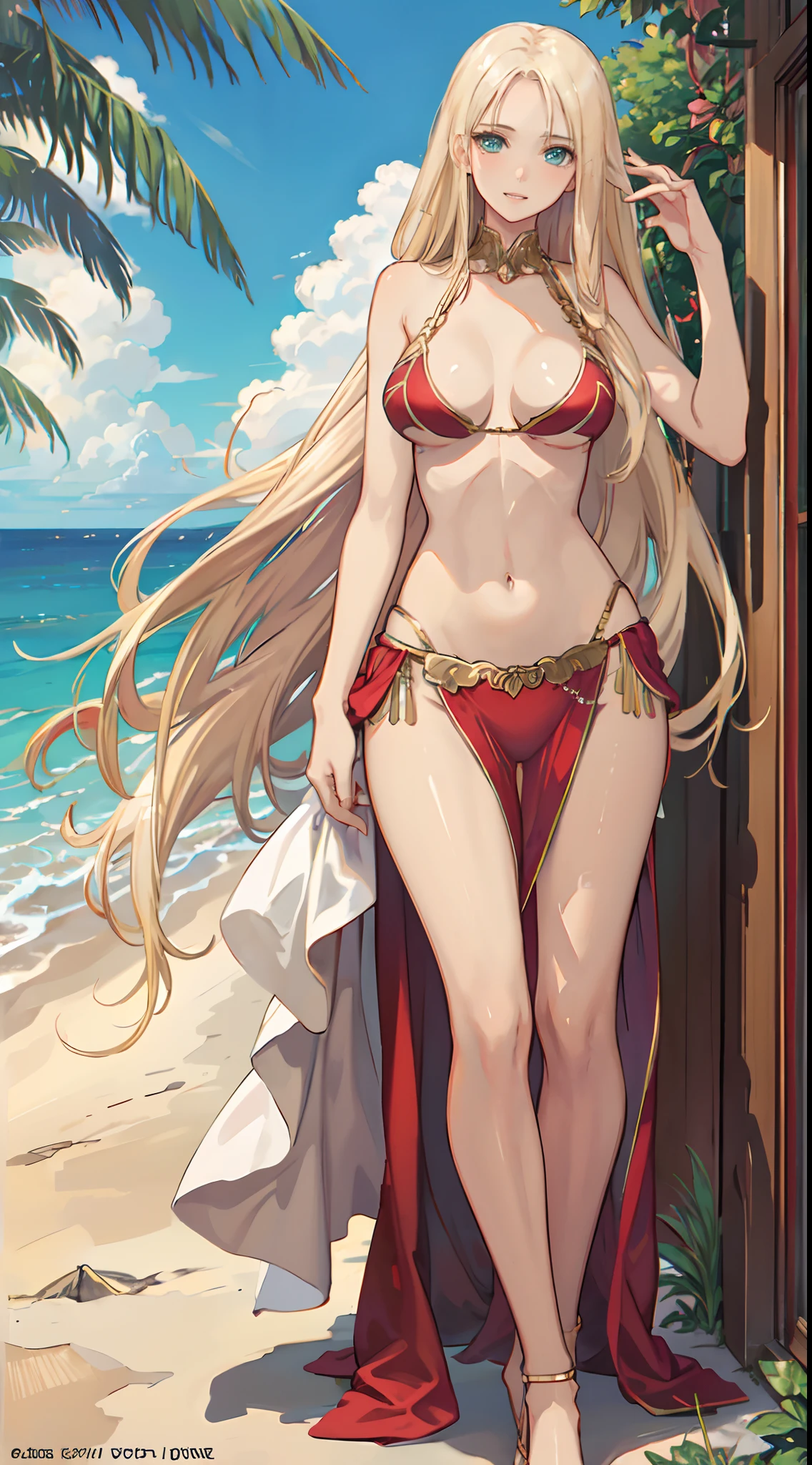 blonde hair, long hair, green eyes, with slender legs and an enticing beach pose, wearing a elegant red gown that shows off her navel, resembling an Arabian belly dancer. She has a short trimmed skirt and her flowing blonde hair is styled in a side ponytail. Her captivating blue eyes exude happiness, while her outfit highlights her alluring cleavage, happy