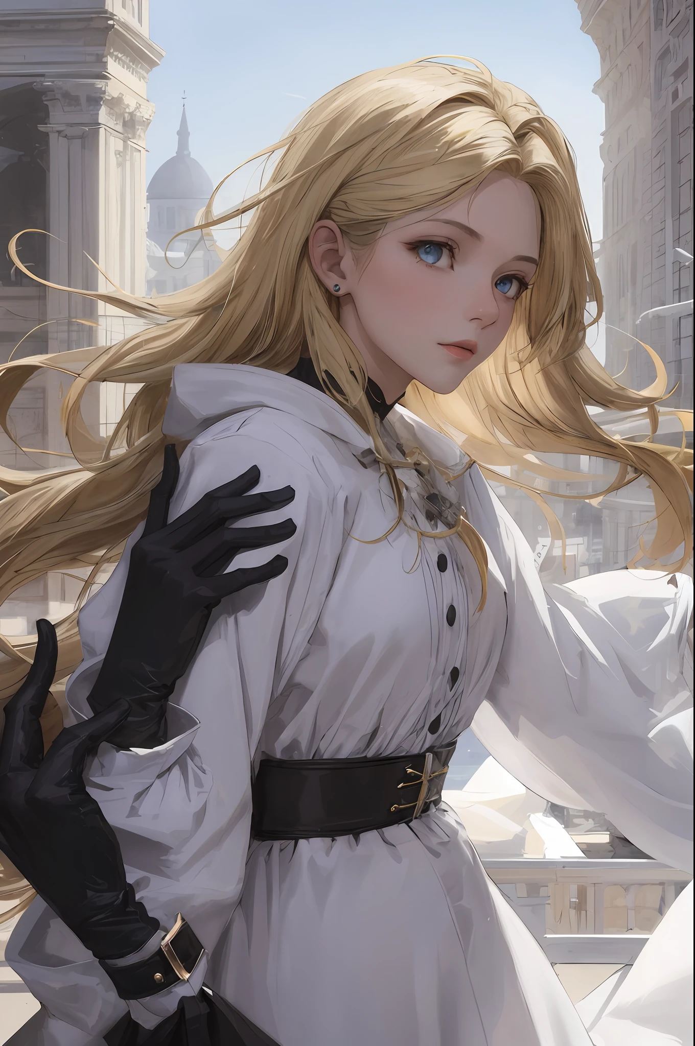 Need,tmasterpiece,blond hairbl,Blue eyes,Manteau blanc,Overlooking,The upper part of the body,Hairline,Fair skin,Pilgrim,Kizi,Black gloves,Solitude