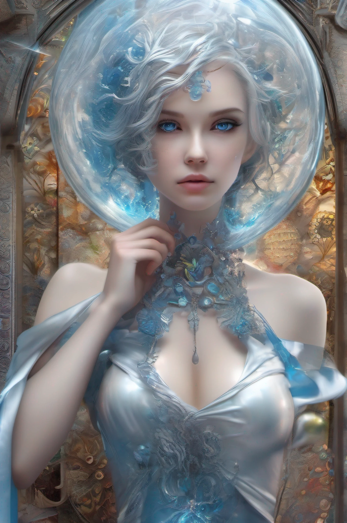 (masterpiece, top quality, best quality, official art, beautiful and aesthetic:1.2), (1 naked girl:1.2), cute, extreme detailed,(abstract:1.4, fractal art:1.3),(silver_hair:1.1), blue eyes,colorful,highest detailed, Beautiful girl trapped inside a big soap bubble,Game of Thrones,Tai Chi,