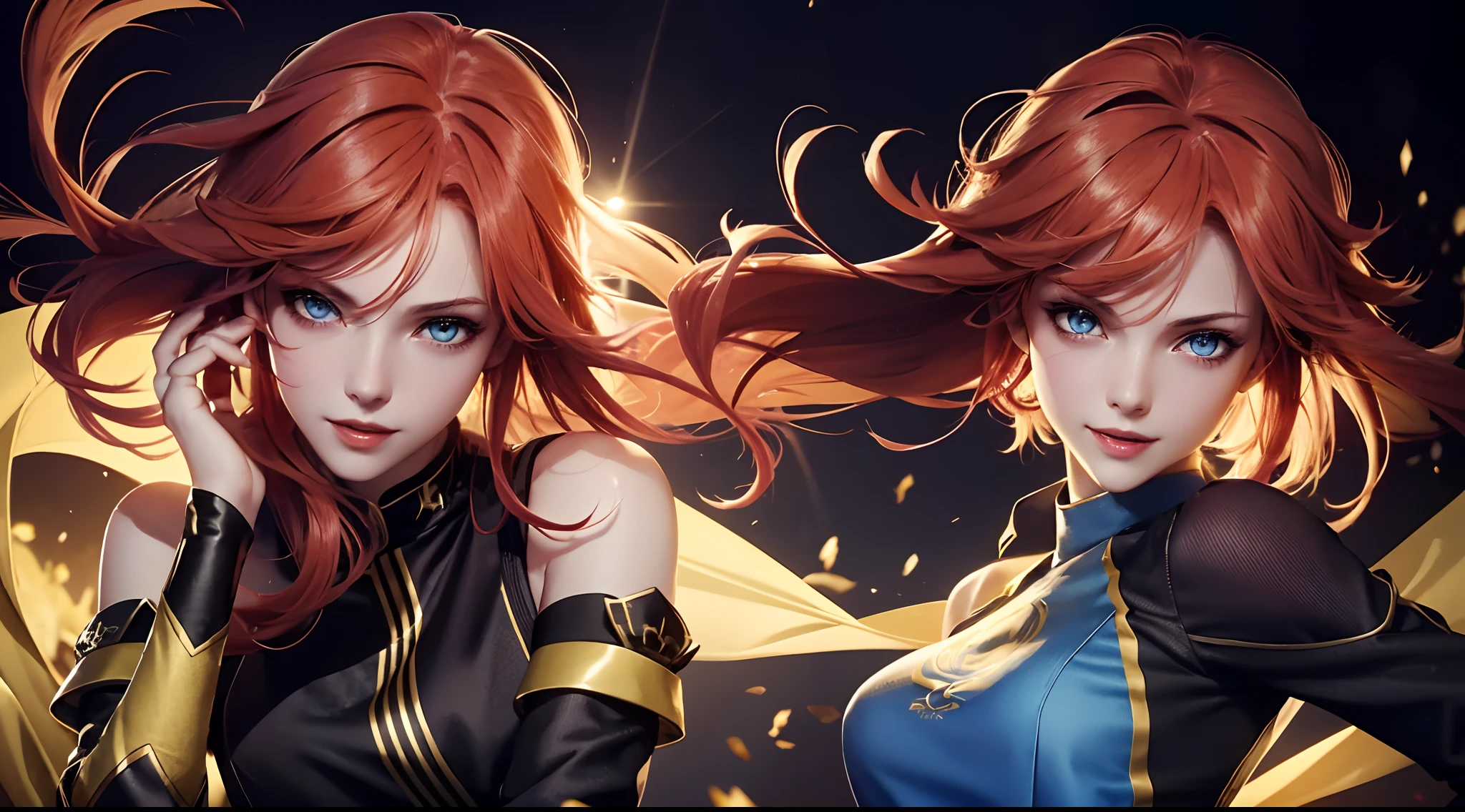 Best image quality and 16K high resolution,A female character in the azure style,The details are beautifully described,She has stunning blue eyes,Smile Expression,Red hair,Skin detail depiction,Smooth and slender skin,Surrealist illustration,Yellow shirt and combat trousers,Handheld in black metallic wrapped,detail depiction,3Drenderingof