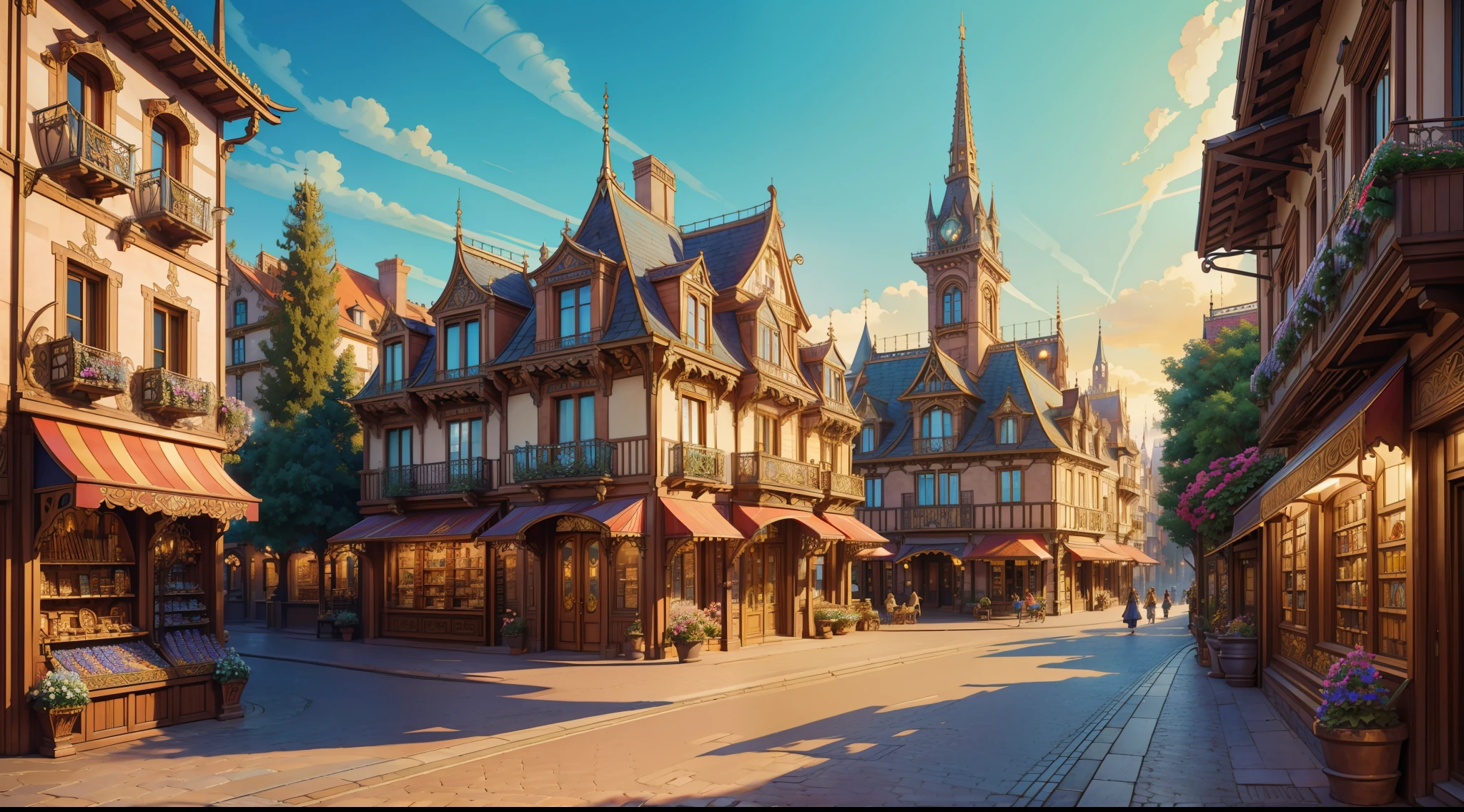 "picturesque townscape, breathtaking architecture ((Art Nouveau style)), ((paved street)), ((magic shops: 0.5)); town square, charming, vibrant cityscape, enchanting magical fantasy ambiance, (masterpiece), (best quality), (ultra-detailed) beautiful surroundings in the background, many flowers and trees, insanely detailed and intricate, hypermaximalist, elegant, ornate, hyper realistic, Cinematic Lighting, Side-View, scenery"