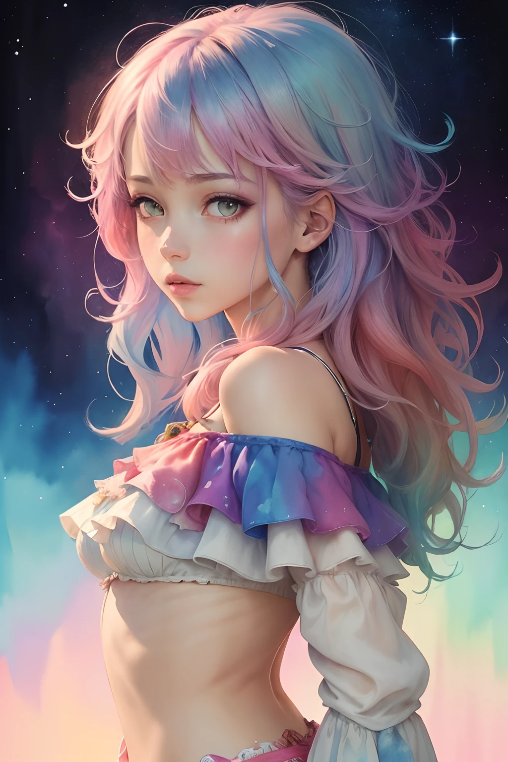 (masterpiece, top quality, best quality,watercolor (medium),official art, beautiful and aesthetic:1.2),(1girl:1.3), (fractal art:1.3),upper body, from side, looking at viewer,patterns,(rainbow color Hair,colorful hair,half blue and half pink hair:1.2),water,liquid, cloud,colorful, starry,stars,