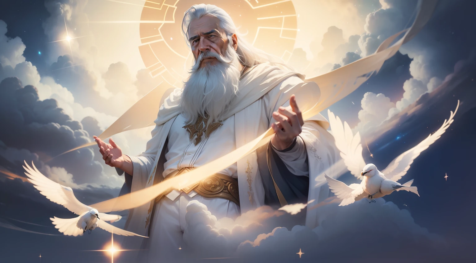 Uma figura masculina, Cara perfeita e cheia de detalhes, barba branca velha, muito velho, corpo velho, barba branca grande, flying through the clouds, old man, representando Enoque, floats majestically through the vast skies. It is covered by a flowing mantle and is illuminated by soft light, standing out against the backdrop of twinkling stars and constellations. His face expresses awe and awe as he travels through the cosmos. Estilo: hiper-realismo, inspirado em pinturas renascentistas. Uplighting: Uma suave luz divina ilumina Enoque, creating a halo around you. Cores: Heavenly tones with an emphasis on blues and silver. compositing: Canon EOS R5 Mirrorless Camera, RF 24-70mm F/2.Lente 8L Is USM, 45 megapixel resolution, Sensibilidade ISO: 20,000, Velocidade do obturador 1/60. --AR 16:9 --V 5.1 --estilo cru --q 2 --s 750