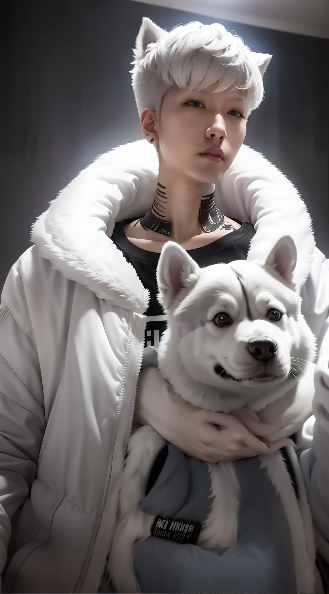 1boy holding a husky，8K，Realistis，tmasterpiece，solo person，hyper-high detail，Short gray fluffy hair，Reallightandshadow，Environmental masking，