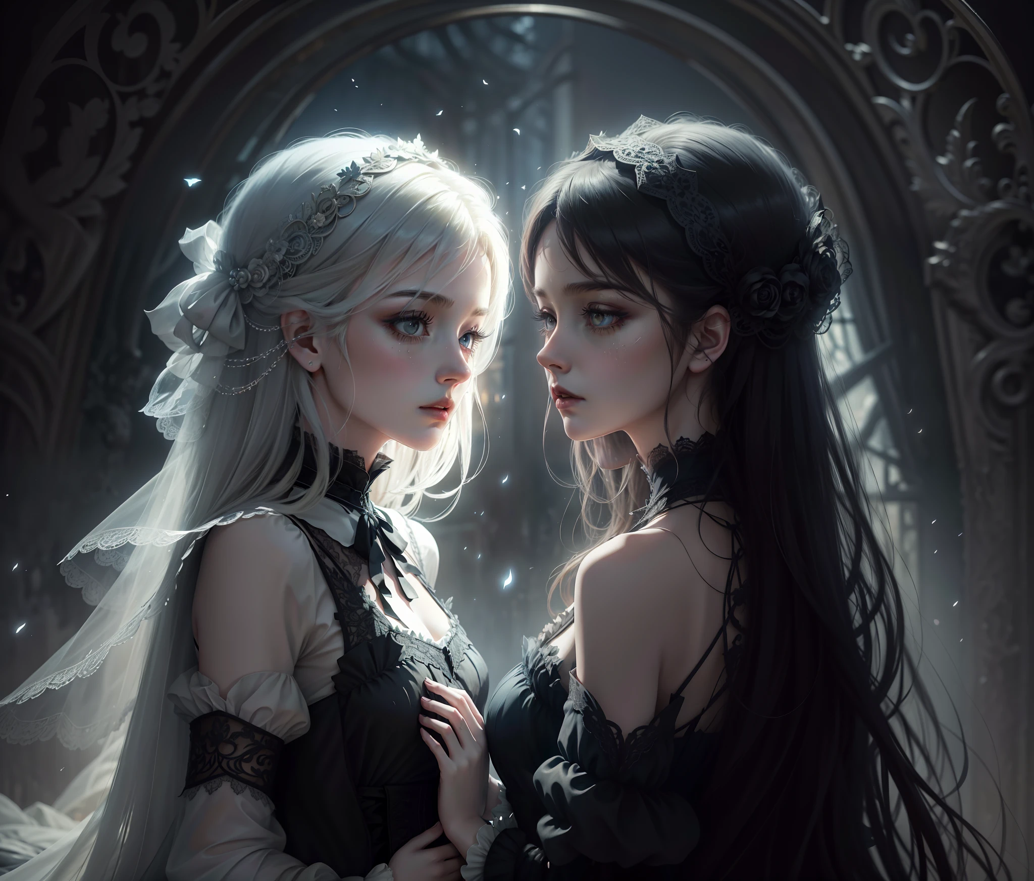 Official Art, Unity 8k wallpaper, ultra-detailed, beautiful, beautiful, masterpiece, best quality, dark, atmospheric, mystical, romantic, creepy, literature, art, fashion, victorian, decoration, intricate, ironwork, lace, contemplative, emotional depth, supernatural, 2 girls,  two girls in parallel universe , abstract, neck, bust composition