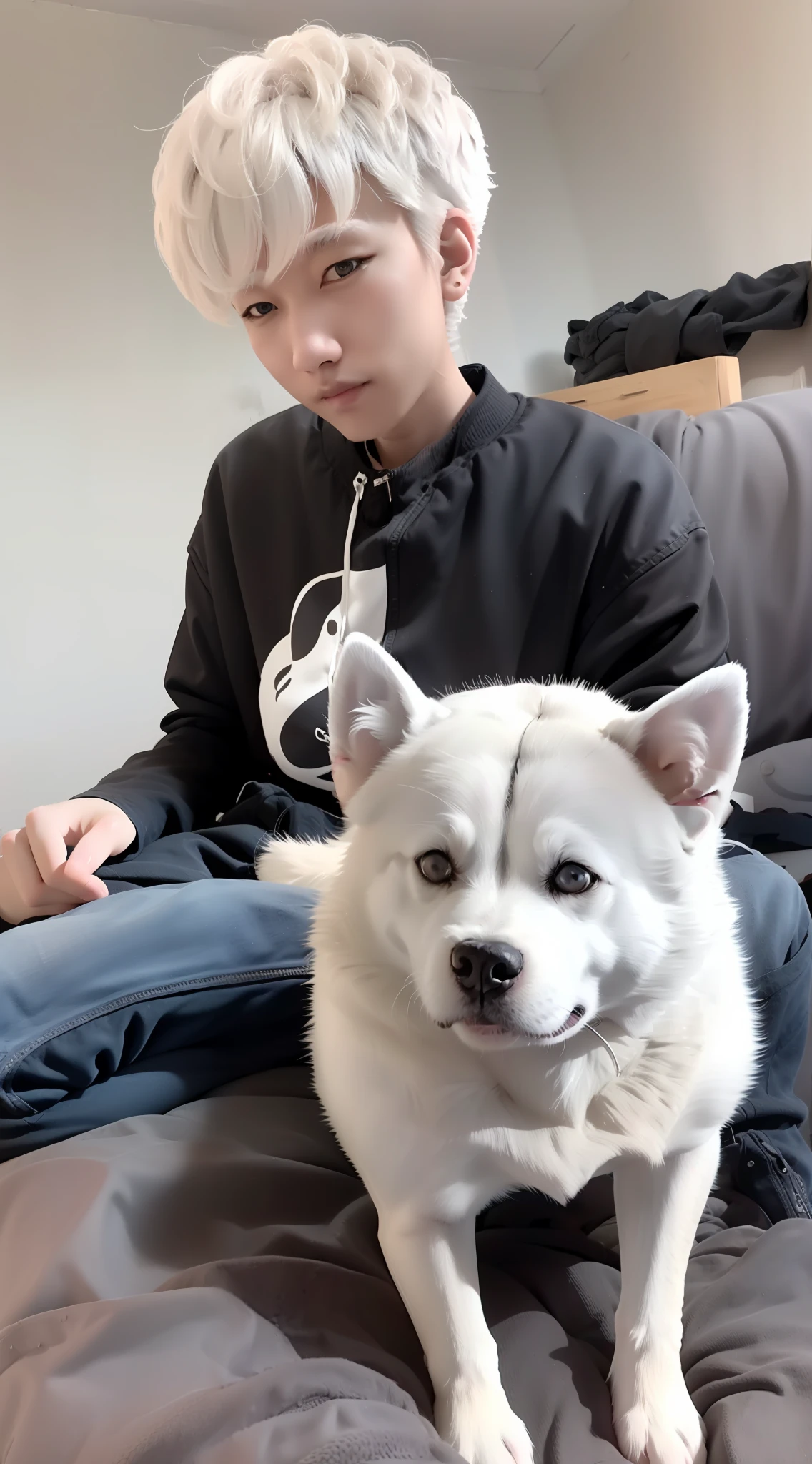 1boy holding a husky,8K,Realistis,tmasterpiece,solo person,hyper-high detail,Short gray fluffy hair,Reallightandshadow,Environmental masking,