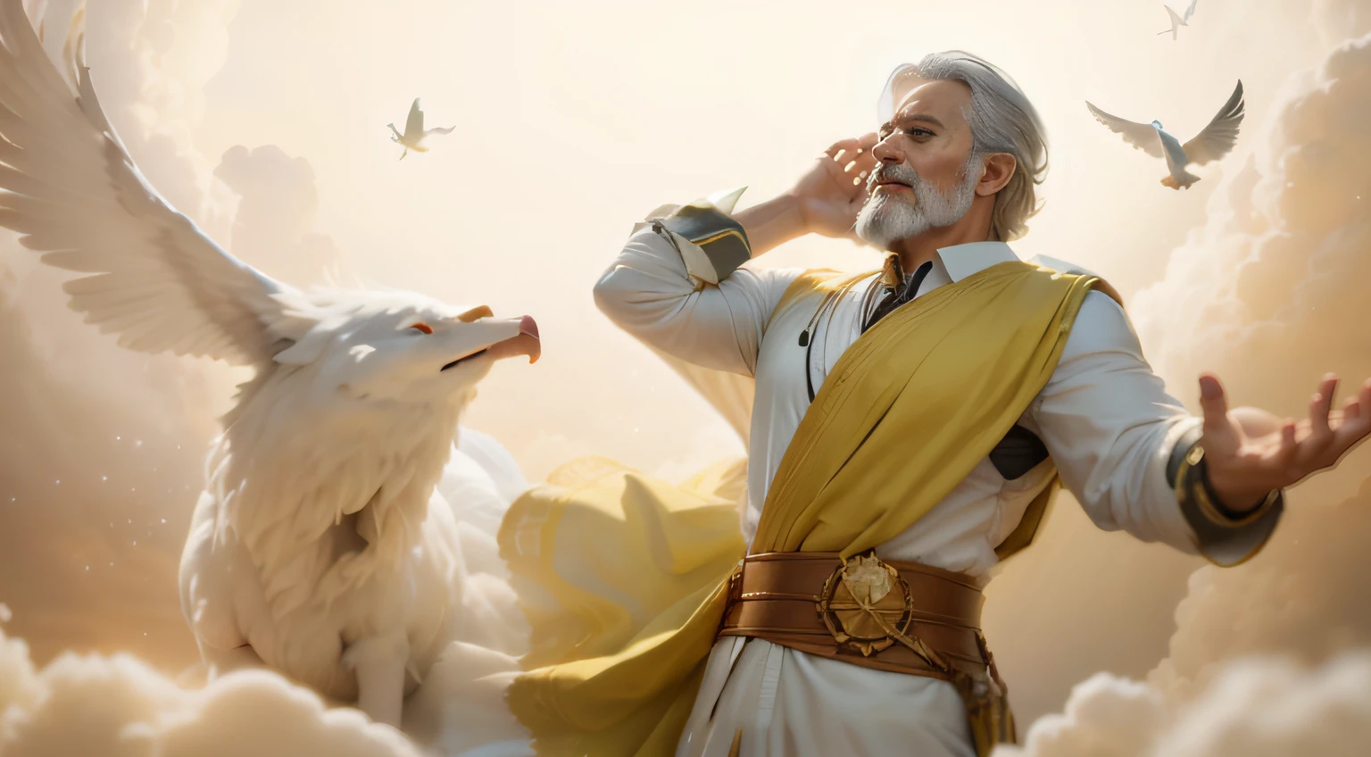 uma figura masculina, Cara perfeita e cheia de detalhes, barba branca velha, muito velho, corpo velho, barba branca grande, flying through the clouds, old man, representando Enoque, floats majestically through the vast skies. It is covered by a flowing mantle and is illuminated by soft light, standing out against the backdrop of twinkling stars and constellations. His face expresses awe and awe as he travels through the cosmos. Estilo: hiper-realismo, inspirado em pinturas renascentistas. Uplighting: Uma suave luz divina ilumina Enoque, criando um halo ao seu redor. cores: Heavenly tones with an emphasis on blues and silver. compositing: Canon EOS R5 Mirrorless Camera, RF 24-70mm F/2.Slow 8L e USM, 45 megapixel resolution, Sensibilidade ISO: 20,000, velocidade do obturador 1/60. --AR 16:9 --V 5.1 --estilo cru --q 2 --s 750