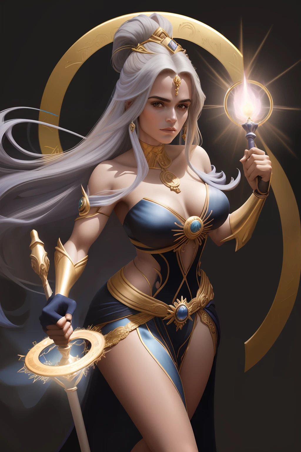 uma mulher de pele macia, holding a scepter which at the top is a closed circle, banhado a ouro, cabelos dourados