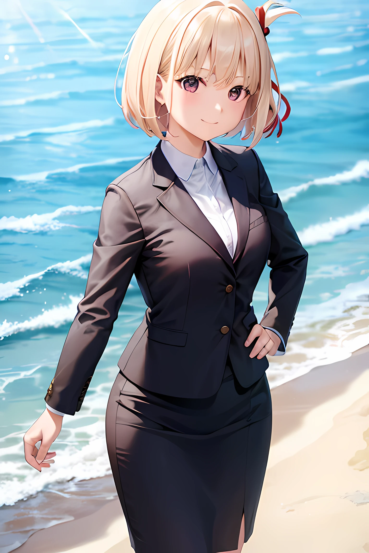 1girl, chisato nishikigi, suit, beach background, office lady, black skirt, black blazer, pencil skirt, white shirt, blonde hair, bob cut, hair ornament, red hair ribbon, short smile, ager,