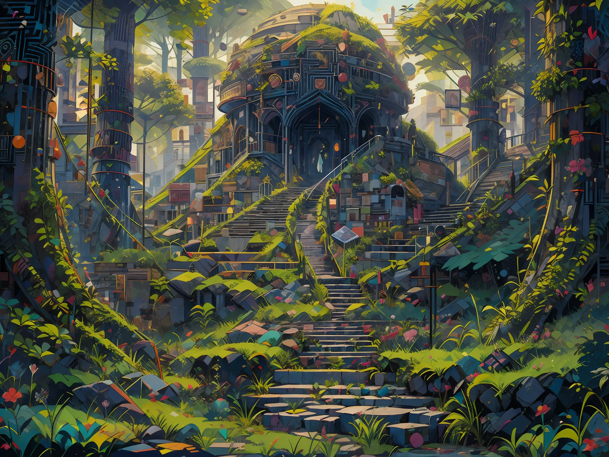Hyperdetailed regenerative [glitch] art entitled "still mind", niji, koan, matte, understated, meditative, (harmonic) impressionism, cerebral, (interconnection), labyrinth, (dynamic exploration of introspection and meaning), psyche, balanced and reciprocal, concept: ("Up the green slope, beneath the forest's roof, With slow, soft steps leaving the mountain's steep, And sought those inmost labyrinths, motion-proof.")