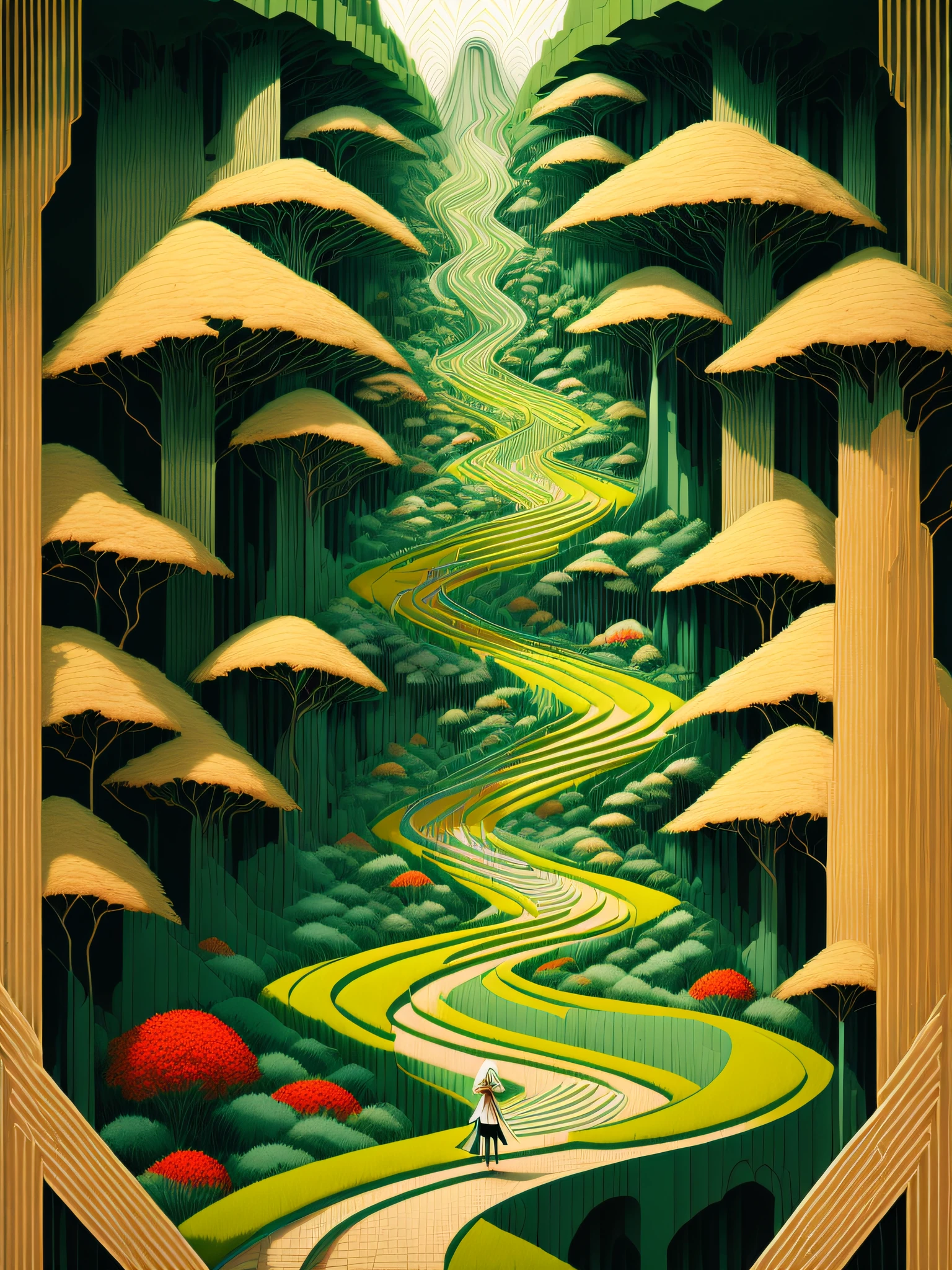 (masterpiece, 4k ,ultra detailed),illustration, (portrait:1.2), (Art Deco:1.4), (minimalism:1.4), (clean:1.4), CCDDA Artstyle, james jean,solo. A girl collecting flower. Up the green slope, beneath the forest’s roof,
With slow, soft steps leaving the mountain’s steep,
And sought those inmost labyrinths, motion-proof