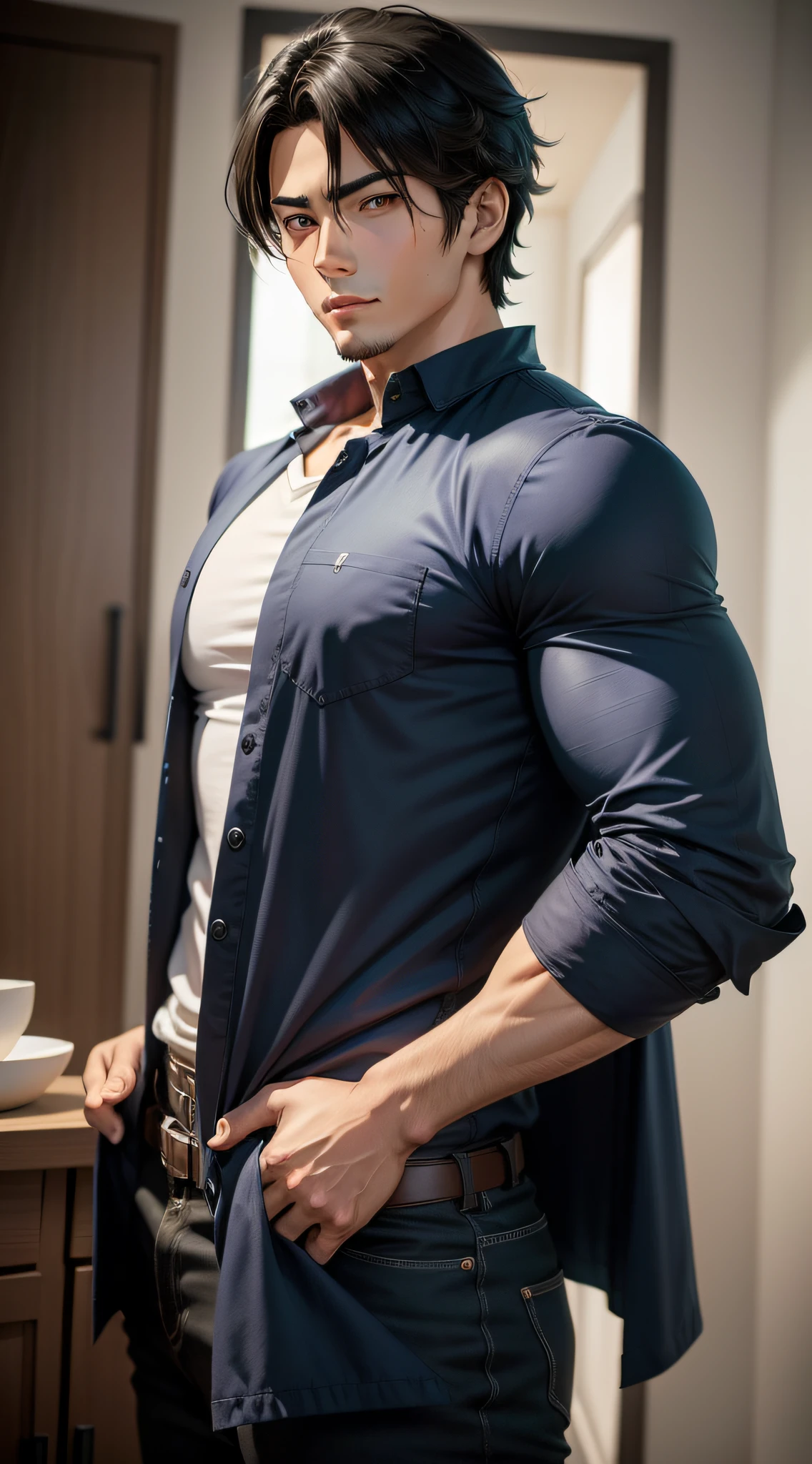Homem de camisa preta  em frente a uma janela, gama murata e artgerm, homem bonito anime, pose de anime bonito, anime hiper realista, Naoki Ikushima, Kentaro Miura Arte, , anime altamente detalhado, estilo anime masculino, anime semi realista,, personagem de anime masculino, Semi - anime realista
