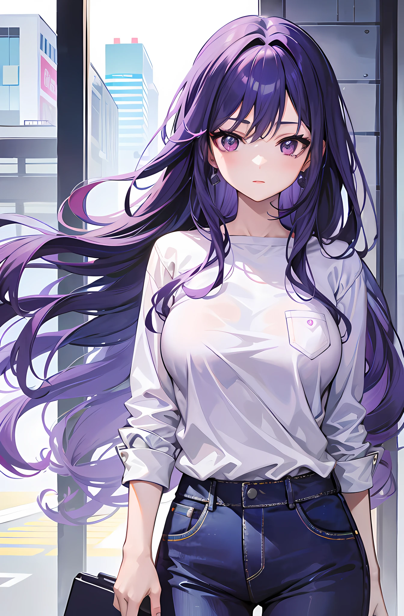 anime girl with purple hair and white shirt walking in front of a window, anime moe artstyle, ilya kuvshinov with long hair, anime girl with long hair, anime visual of a cute girl, smooth anime cg art, anime style 4 k, marin kitagawa fanart, seductive anime girl, beautiful anime girl, beautiful anime high school girl, anime best girl