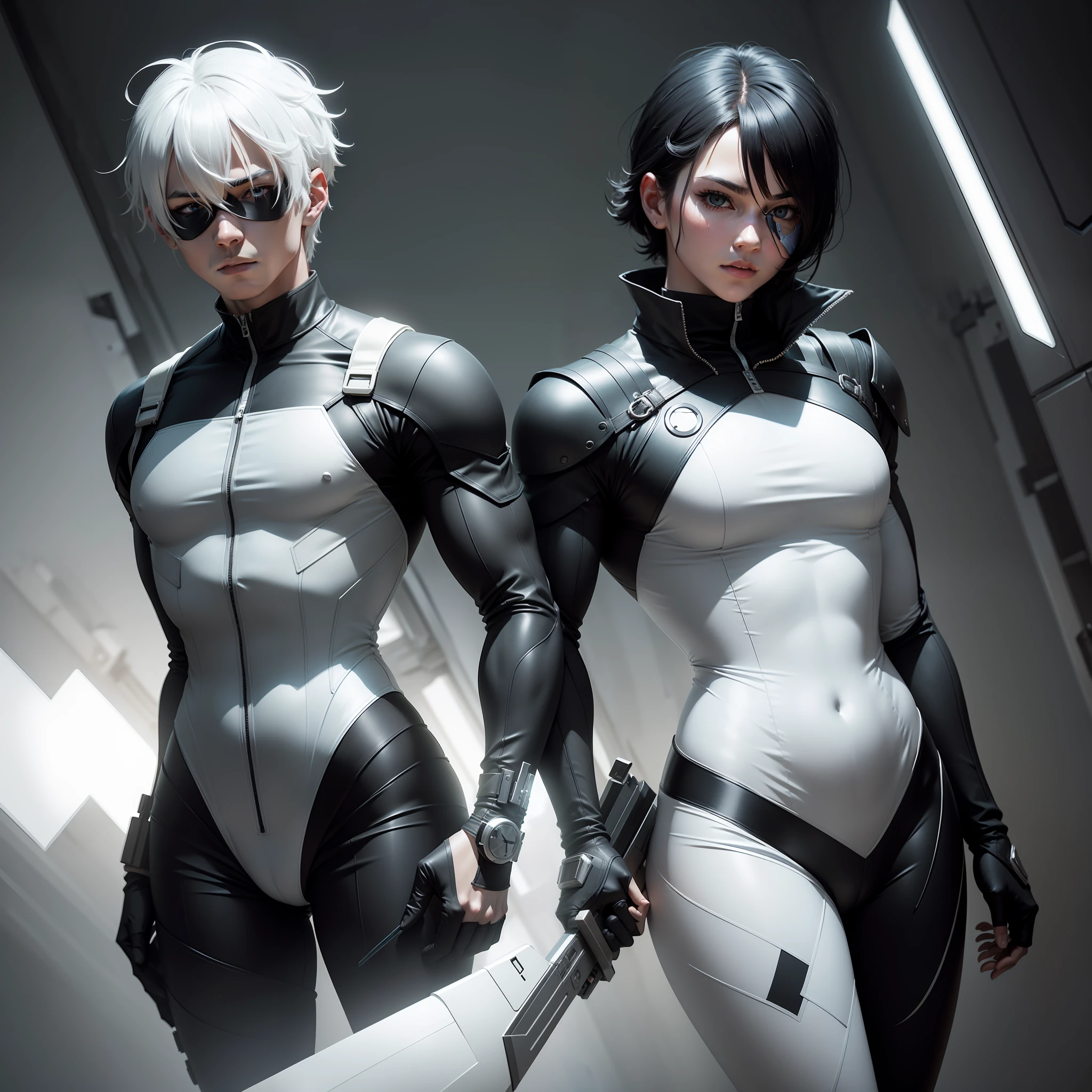 Neil:Mechanical b,Black combat uniform,White color hair ,black eye mask,The long white knife levitated behind him,The one-piece combat suit is black on the outside and white on the inside,Two-dimensional cos,Female coser,black hair band,The chest garment is cutout