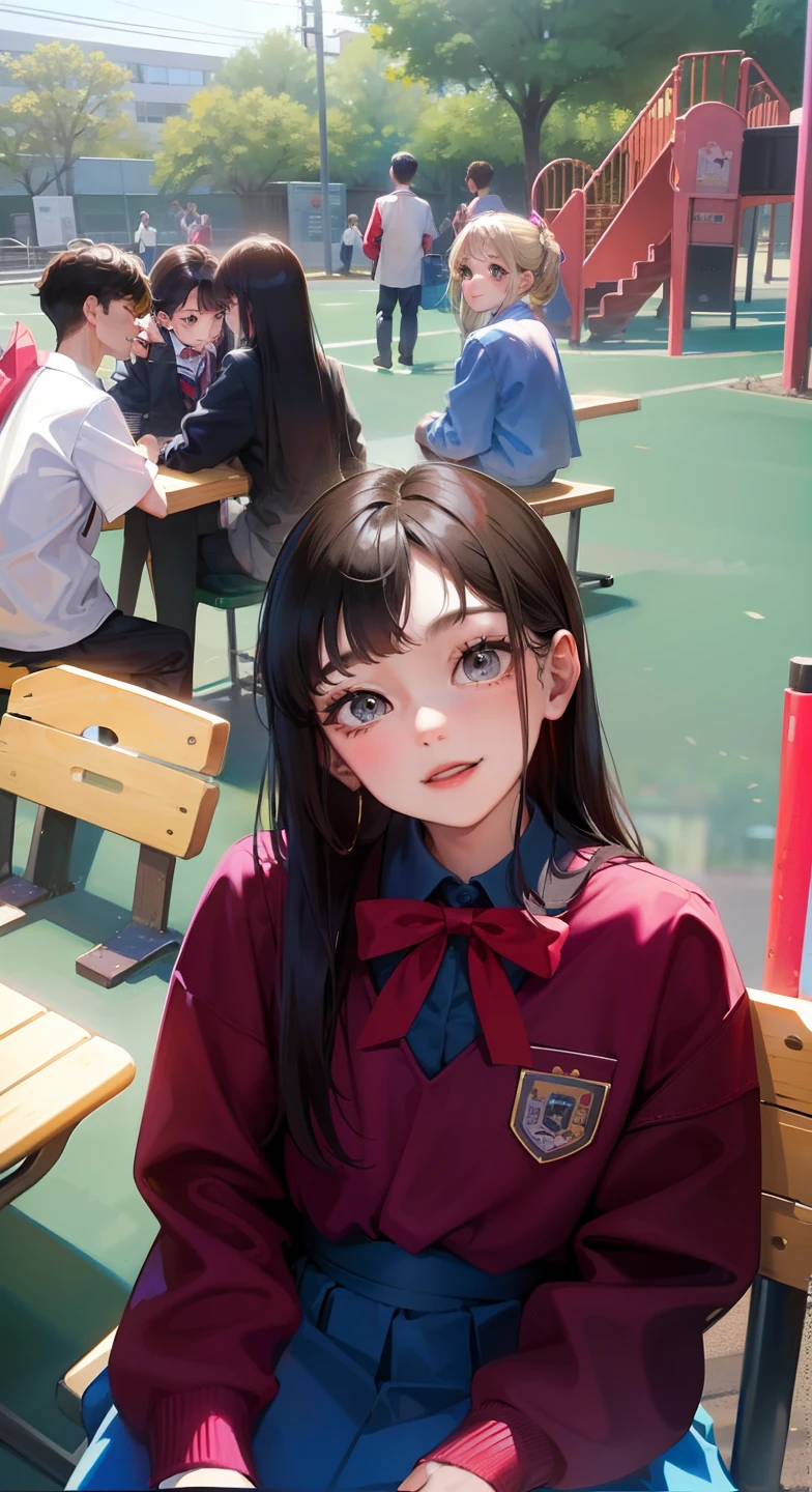 A cute girl,Age 17,high school senior,Wear a gigza,On hand is the school uniform,The mouth is closed,A smile on his face,Sit on a stool in the playground,Prepare for the May Fourth performance