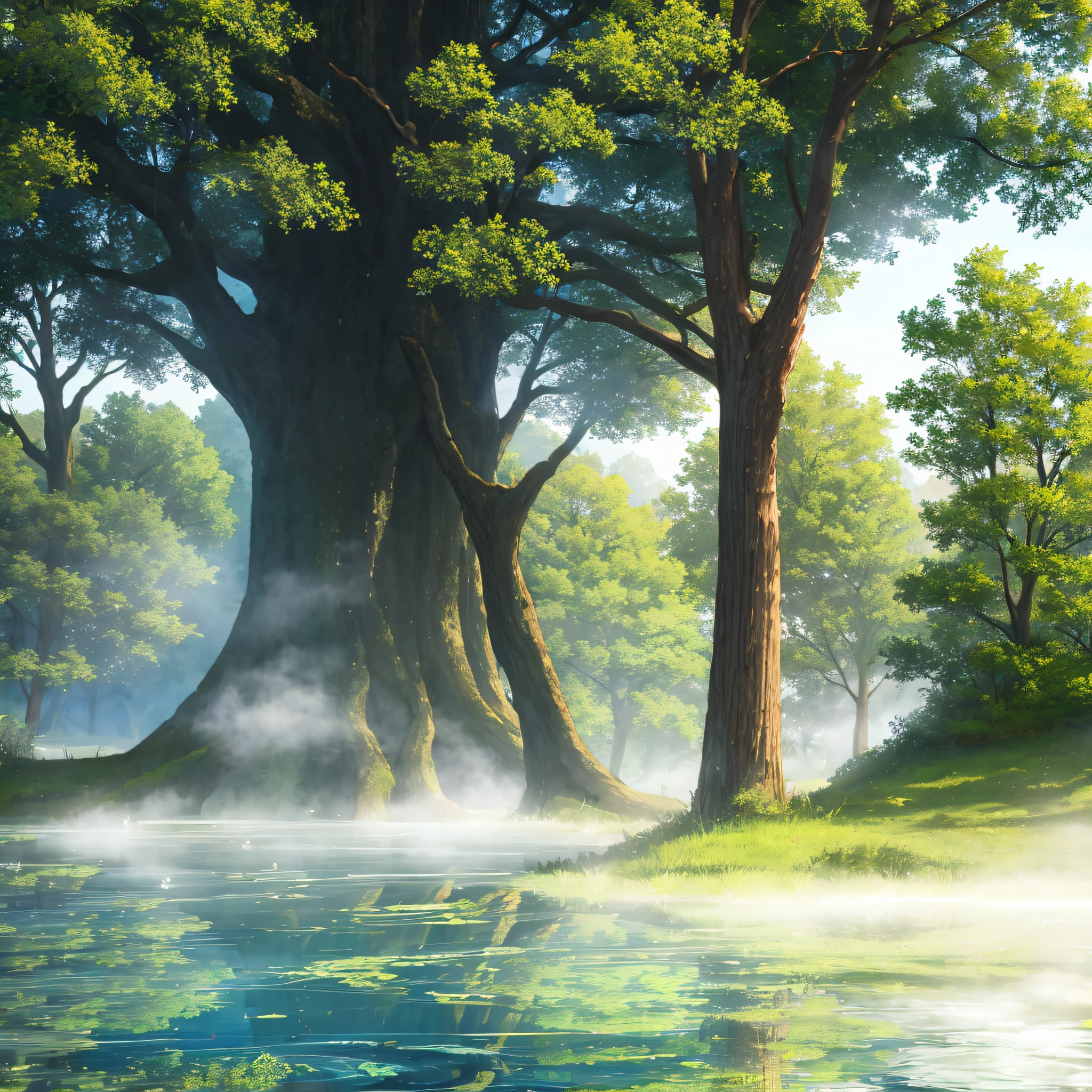 (masterpiece:1.3), (top-quality:1.3), Very beautiful water surface, One big tree, 300 years old, Morning fog, Heavily cracked water surface