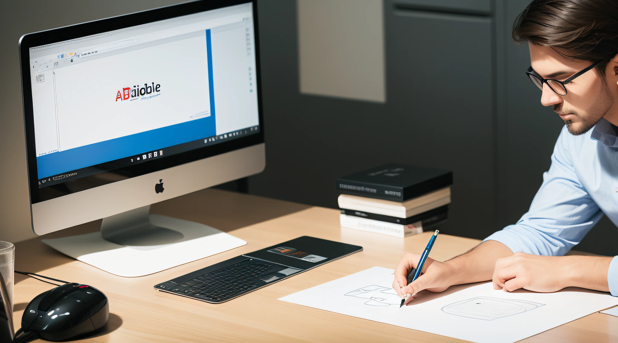 A man drawing a logo on paper, next to him on the table is a computer with Adobe Illustrator open on the screen.