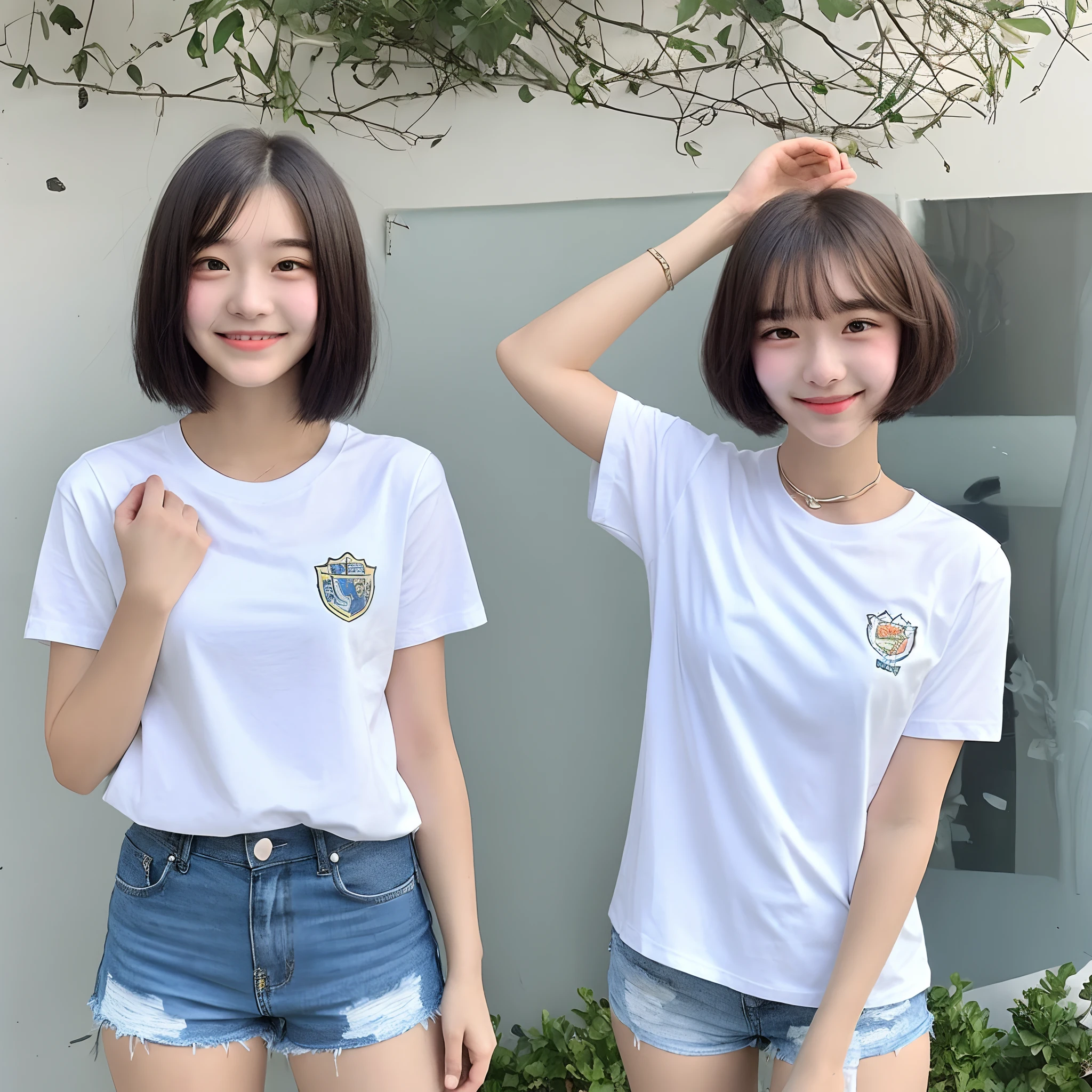 Female high school student, blue collar short sleeves, white T-shirt, transparent shorts, back, small breast, single eyelid, comic short hair