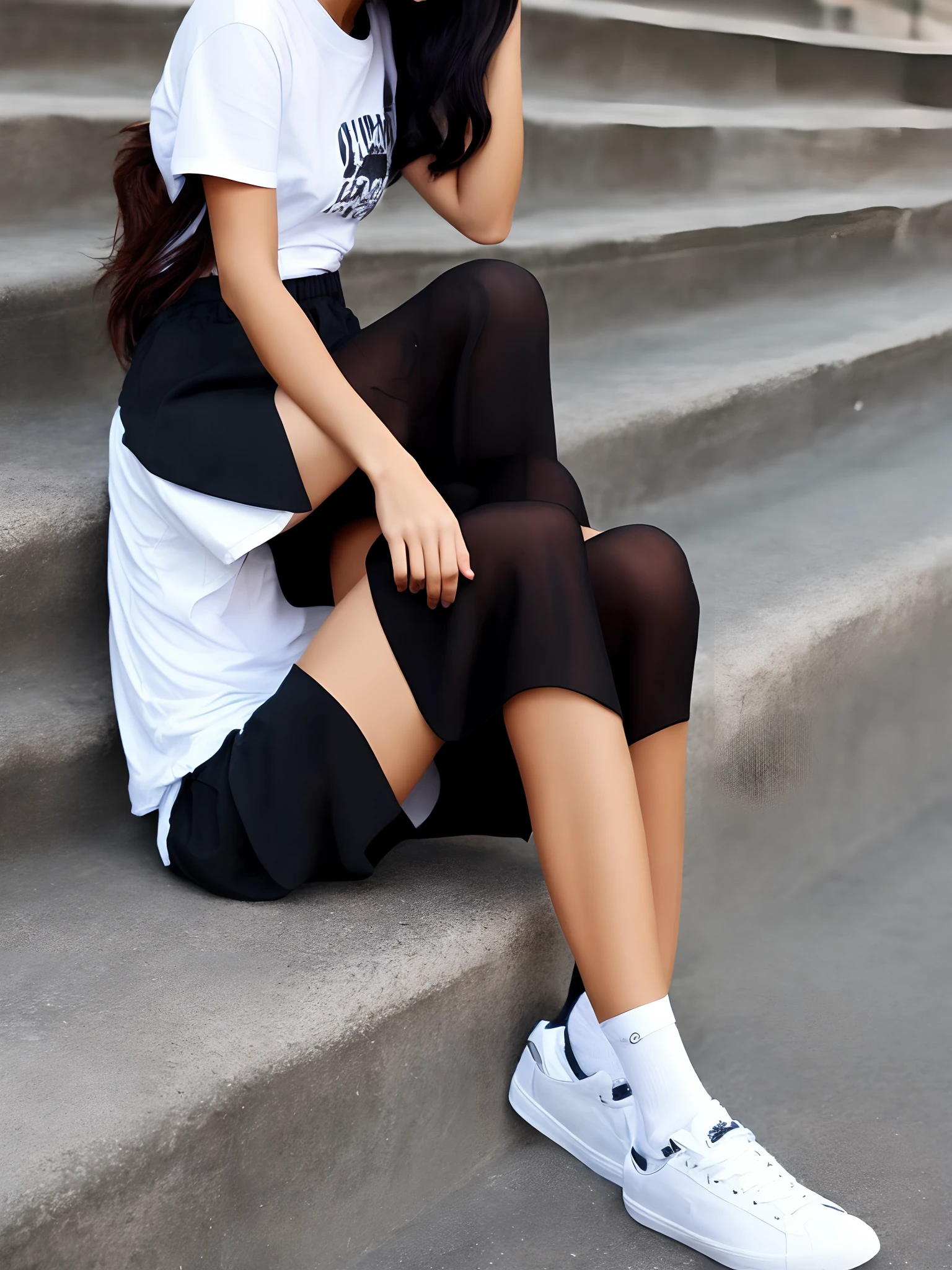 Women, long black hair, white short sleeves, miniskirt, white sneakers, white high socks