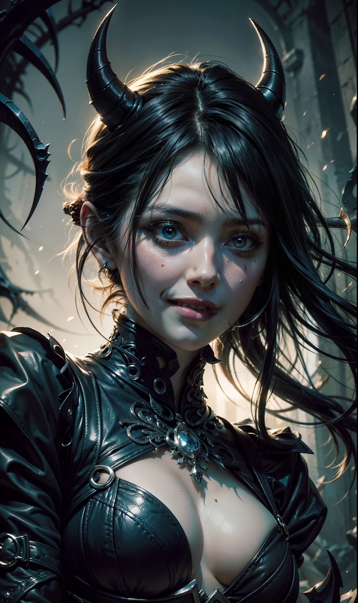 Beautiful portrait of perfect ((smiling demonic sorceress girl)), slender body, big heavy breasts, shapeless long hair, tiny horns, (wearing revealing gothic outfit), perfect features, abstract beauty, near perfection, pure form, dynamic pose, ethereal demonic background, (deep dark shadows), (strong cinematic lighting), ((rim lighting)), concept art by Greg Rutkowski and John William Waterhouse and Alphonse Mucha, stunning details, intricate details, 8k post-production, High resolution, super details, trending on ArtStation, sharp focus, depth of field f/1.8, studio photo.