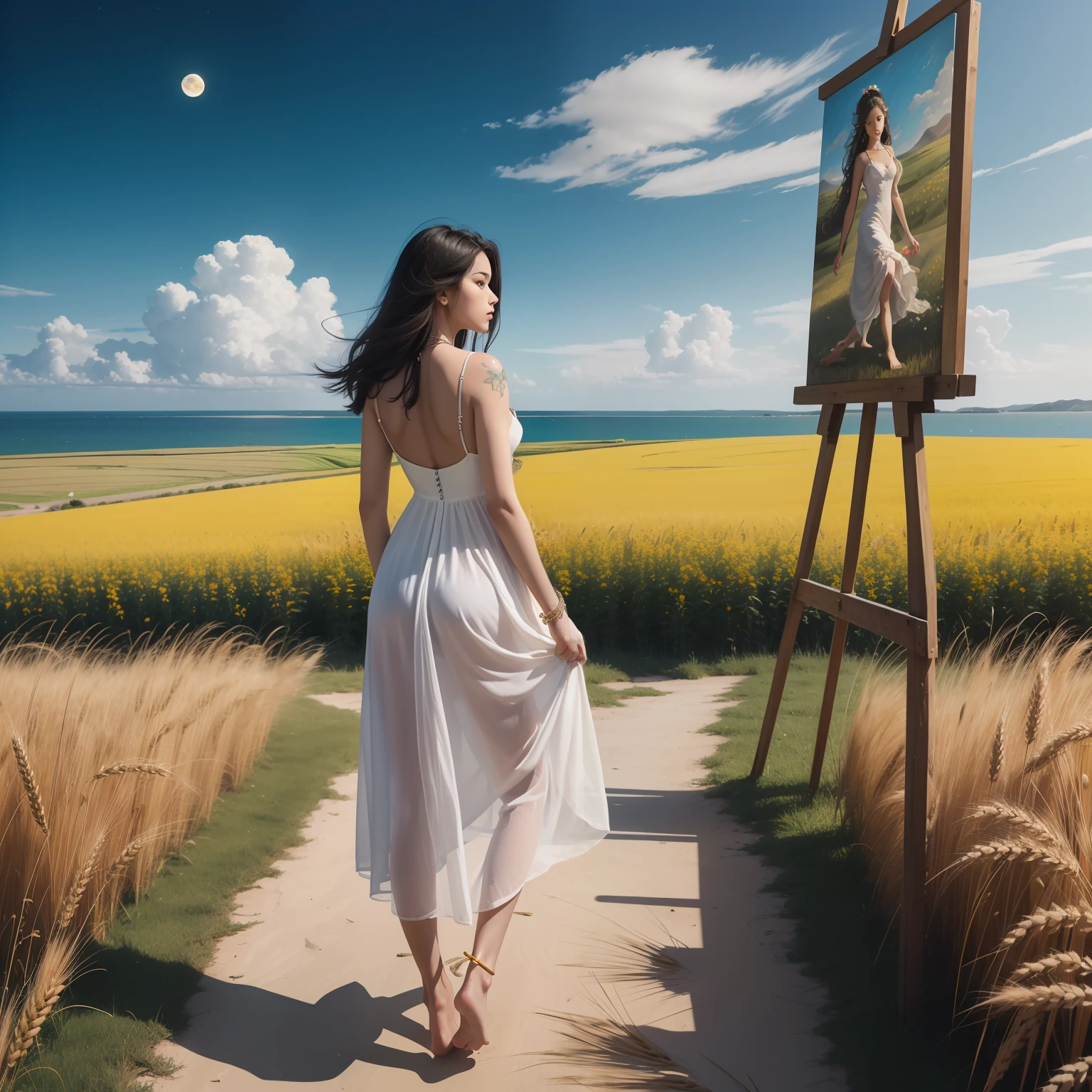 A woman Barefoot standing in an exciting way in front of an art painting, son dos est nu. Le tableau est grand, in which a wheat field horse with small flowers, La Lune et la Mer dans une exposition, and a white dress Add small red and yellow flowers in the wheat tattoo on the back anklet in man --auto