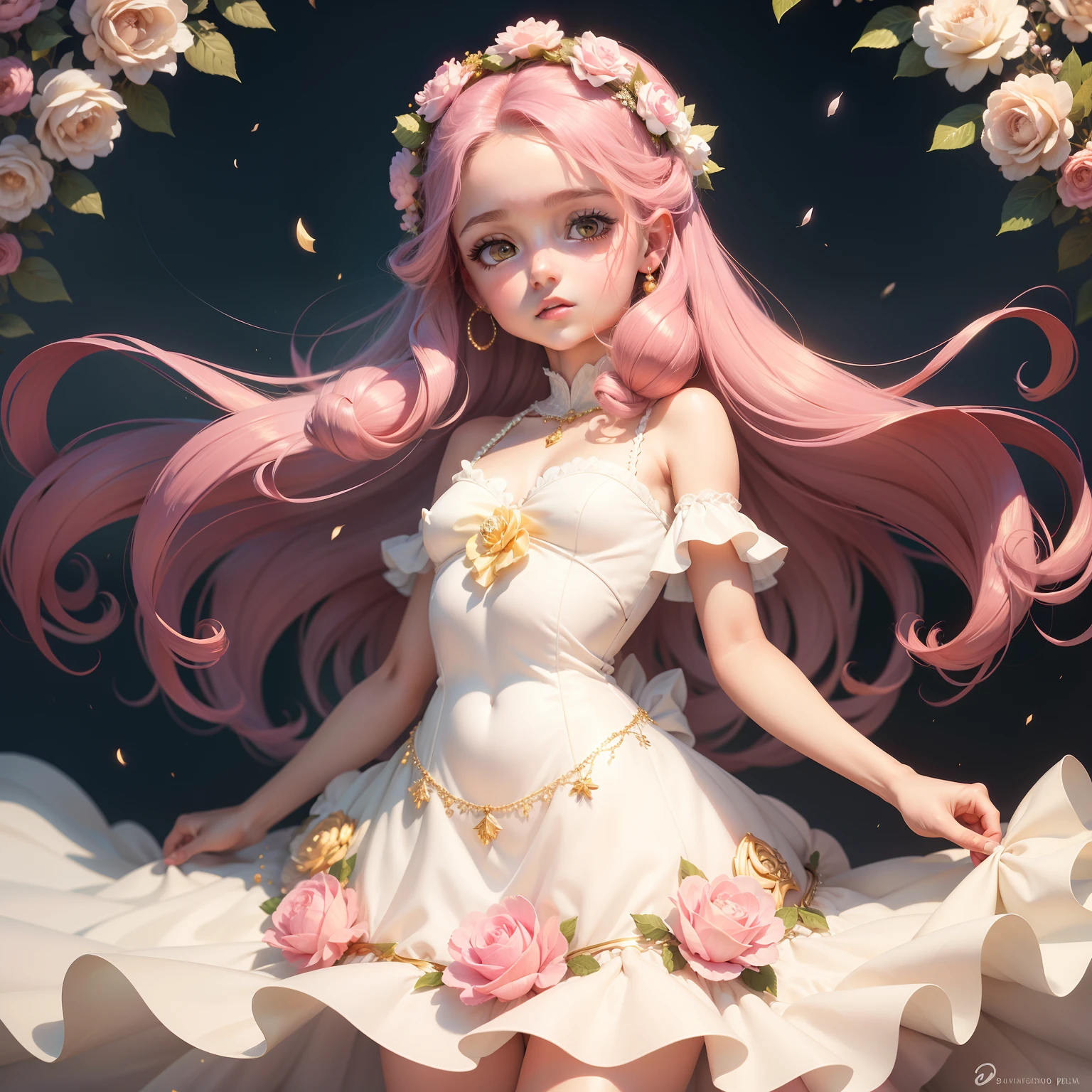 Qualidade de arte original, imagem de corpo inteiro, Disney character animation style, jovem, menina, cabelos pretos longos, estilo princesa, sweet expression, vestido rosa com renda, pearls and gold, wreath over head, fundo branco,