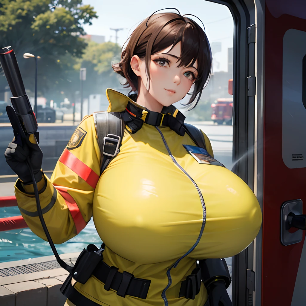 Female firefighter,huge tit,See-through installation,tmasterpiece,8K,Full of details,With water spray gun,water spray