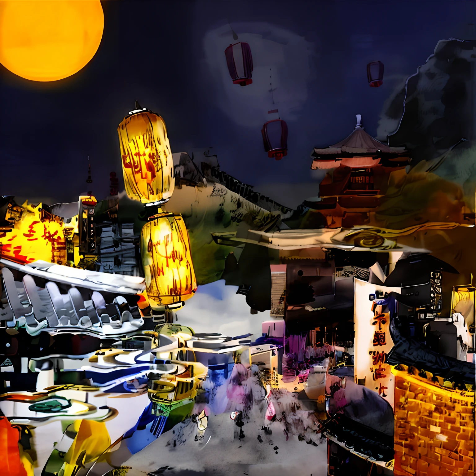 There are many lanterns flying in the sky, floating chinese lampoons, Inspired by Yang Buzhi, dreamland of chinese, digital collage, dreamy Chinese towns, digital painting of a pagoda, inspired by Li Keran, inspired by Wu Hong, evening lanterns, beijing, kongming lanterns in the sky, inspired by Wang Yi, yellow lanterns