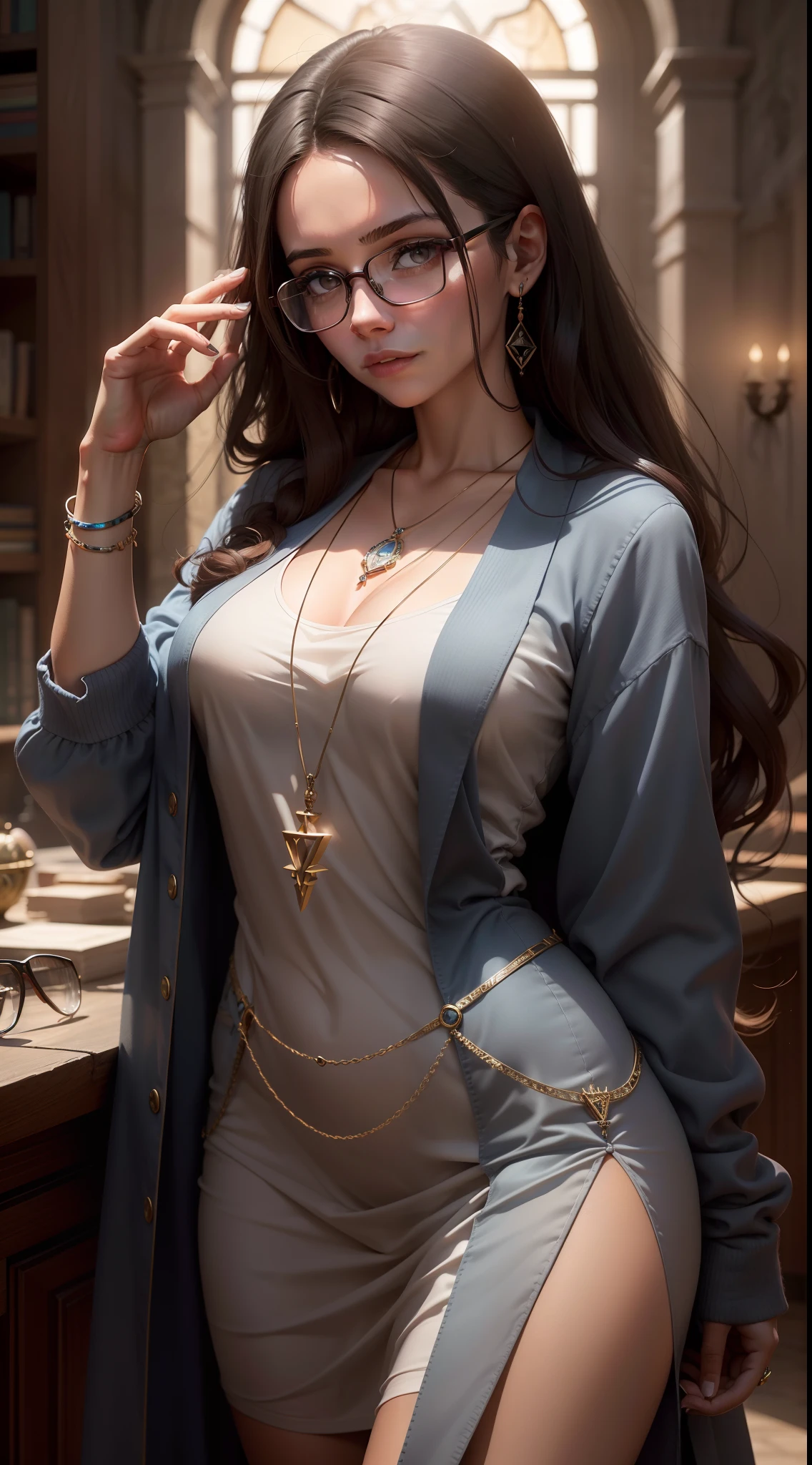 there is a woman wearing glasses and a dress posing for a picture, !!wearing modern glasses!!, some glints and specs, wearing labradorite veils, wears a egyptian ankh necklace, with square glasses, wearing a fisher 🧥, wearing several pendants, inspired by Caterina Tarabotti, with glasses, necklace