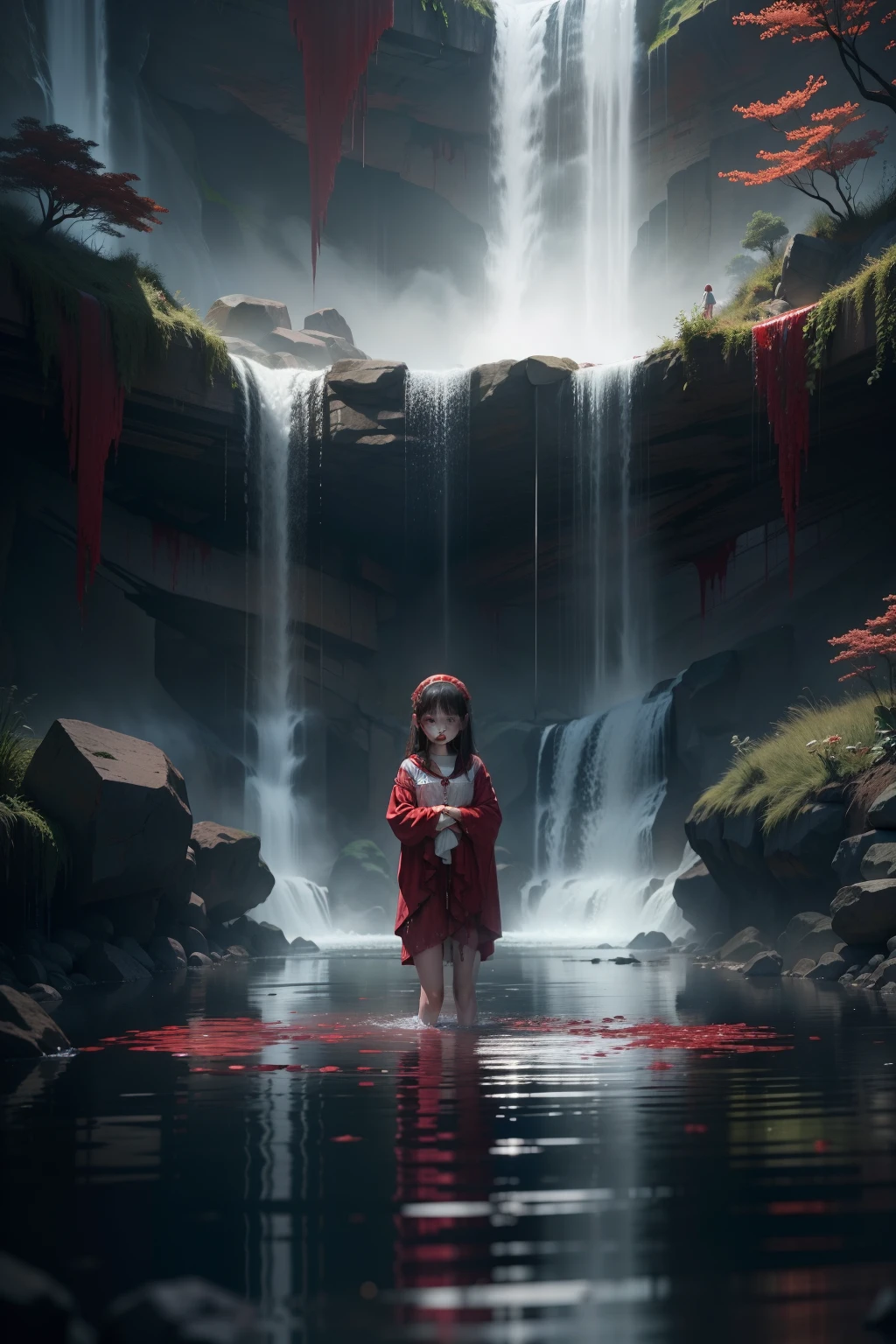 A waterfall of blood descends into a pool of water, a small baby girl in the middle of the water