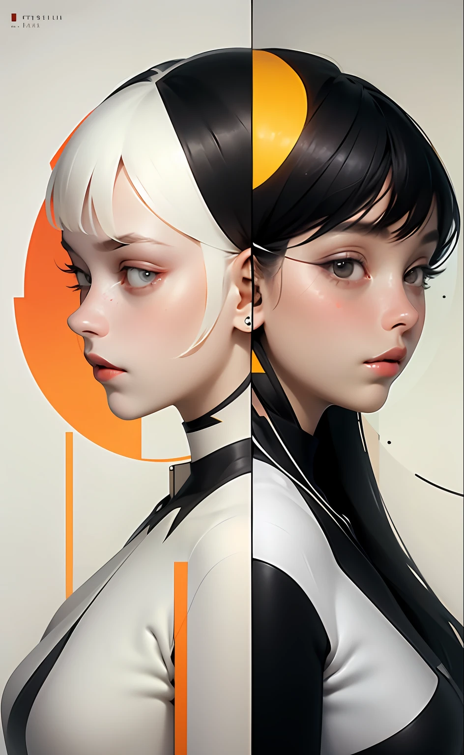 masterpiece, best quality, illustration, two girls in parallel universe, two girls separate in two different worlds, Bauhaus, shapes, lines, abstract